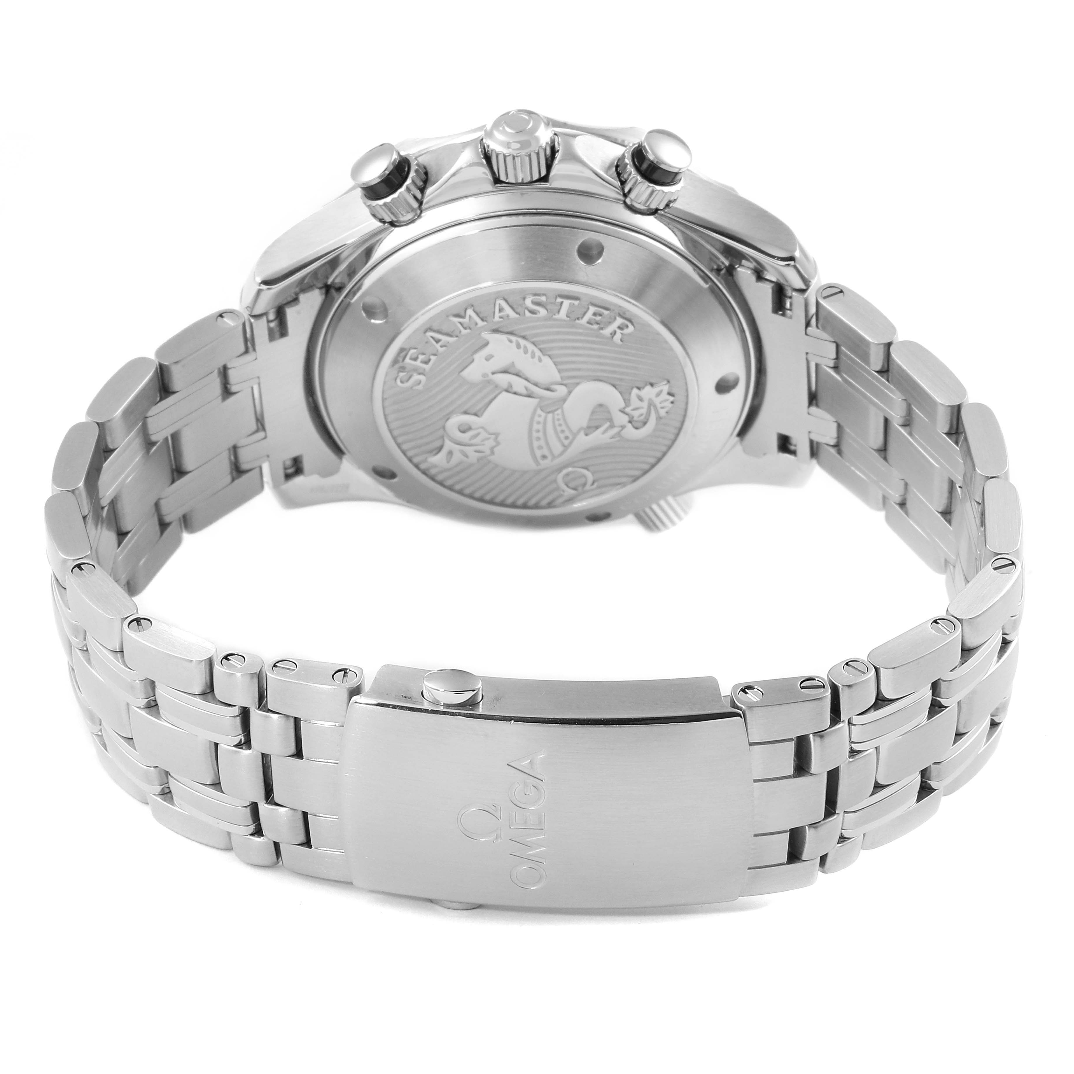 The image shows the back of the Omega Seamaster 212.30.44.50.01.001 Men
s Stainless Steel Black Dial 212.30.44.50.01.001 Men
s Stainless Steel Black Dial watch, highlighting the case back and metal bracelet with the Omega logo.