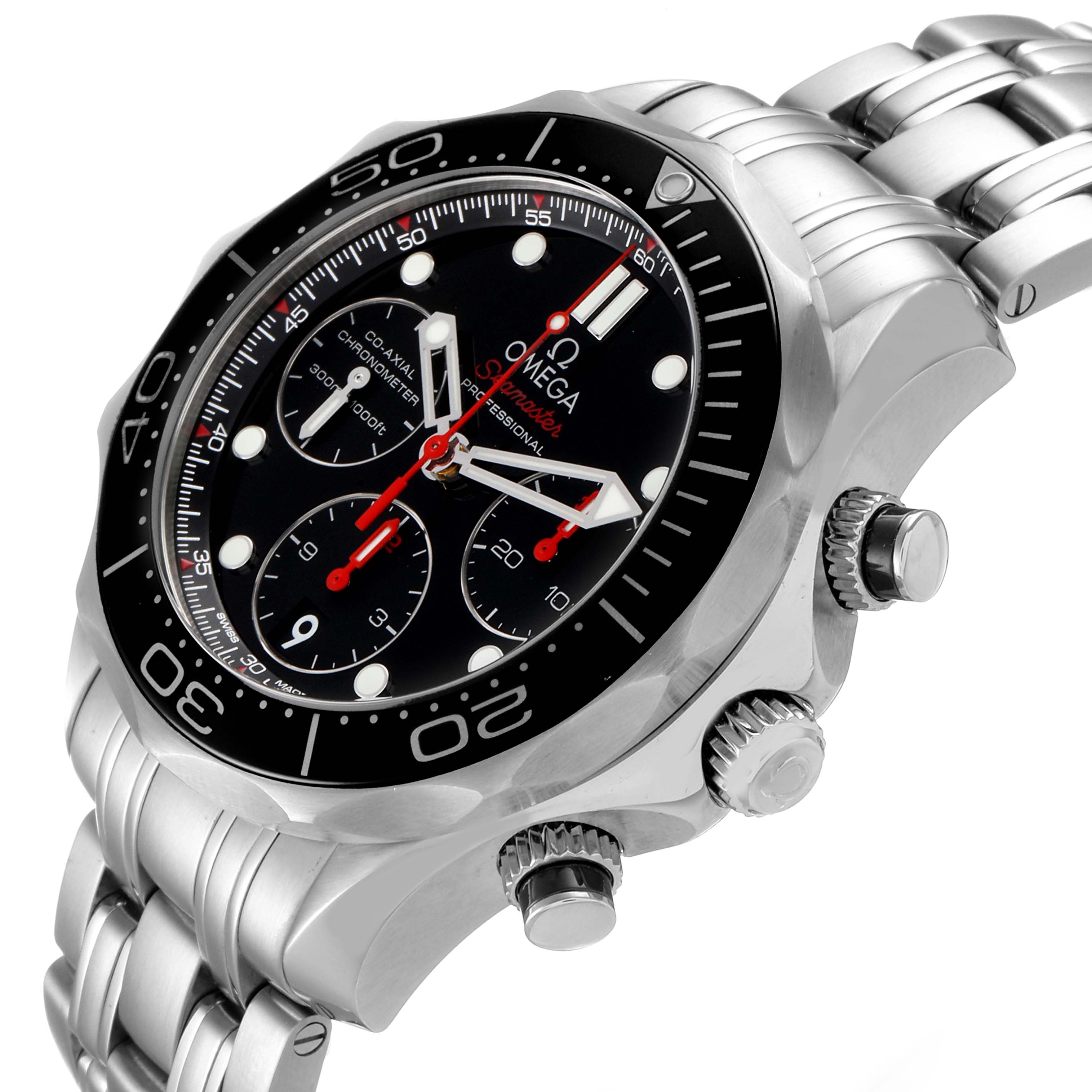 The Omega Seamaster 212.30.44.50.01.001 Men
s Stainless Steel Black Dial 212.30.44.50.01.001 Men
s Stainless Steel Black Dial watch is shown at an angle displaying its face, bezel, side buttons, and part of the bracelet.