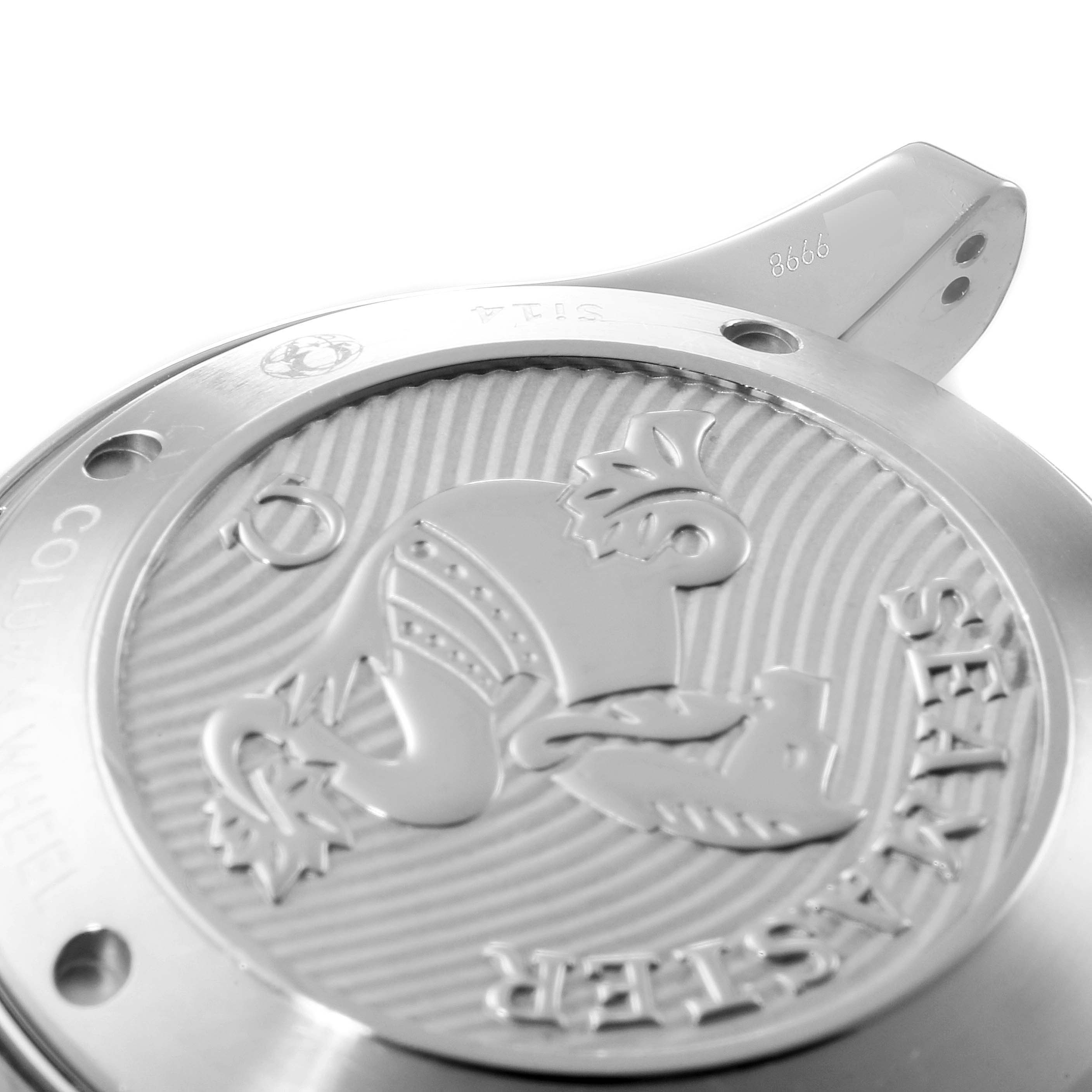 The image shows a close-up of the backside and engraving details of the Omega Seamaster 212.30.44.50.01.001 Men
s Stainless Steel Black Dial 212.30.44.50.01.001 Men
s Stainless Steel Black Dial watch case.