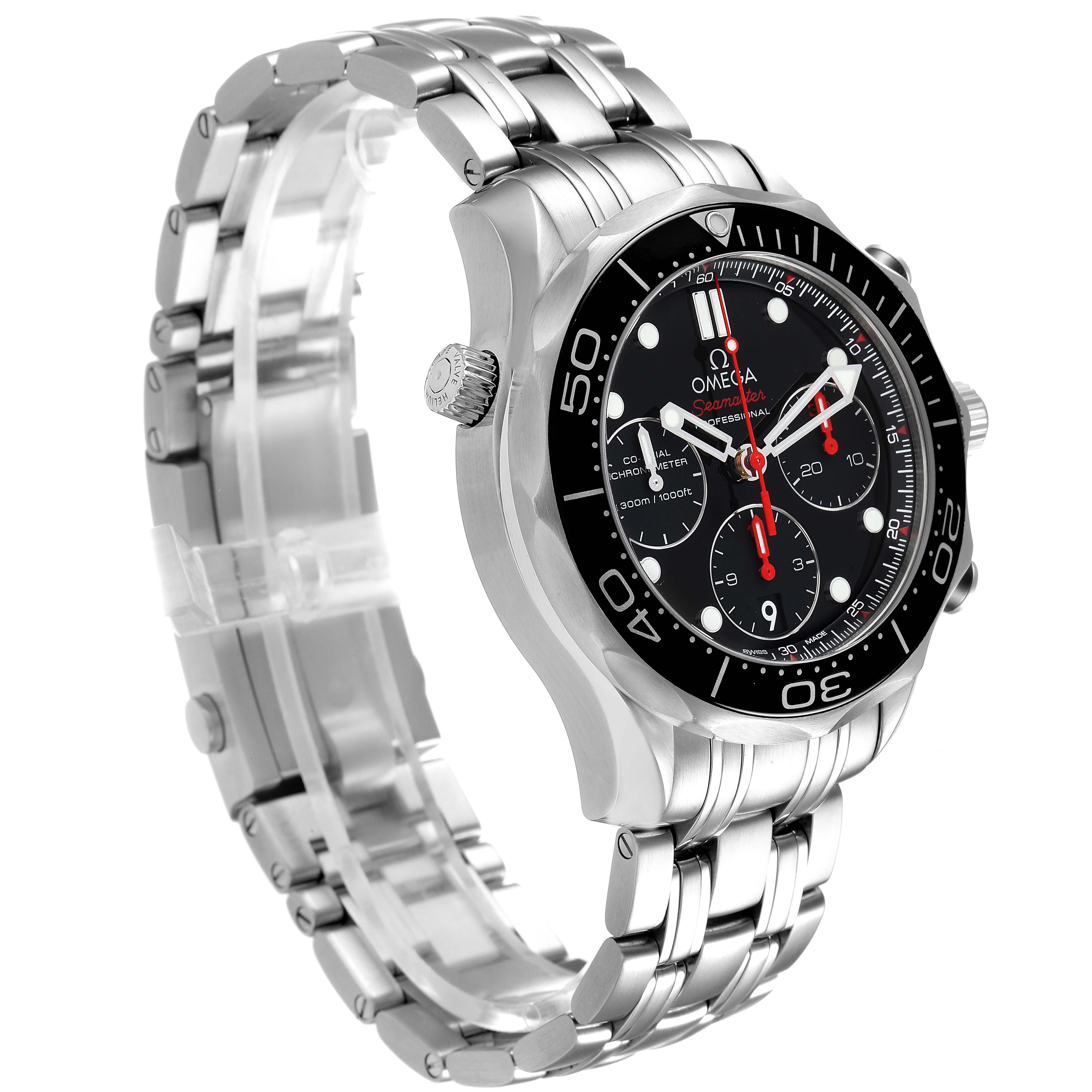 This image shows a side-view angle of the Omega Seamaster 212.30.44.50.01.001 Men
s Stainless Steel Black Dial 212.30.44.50.01.001 Men
s Stainless Steel Black Dial watch, highlighting the face, bezel, crown, and metal bracelet.