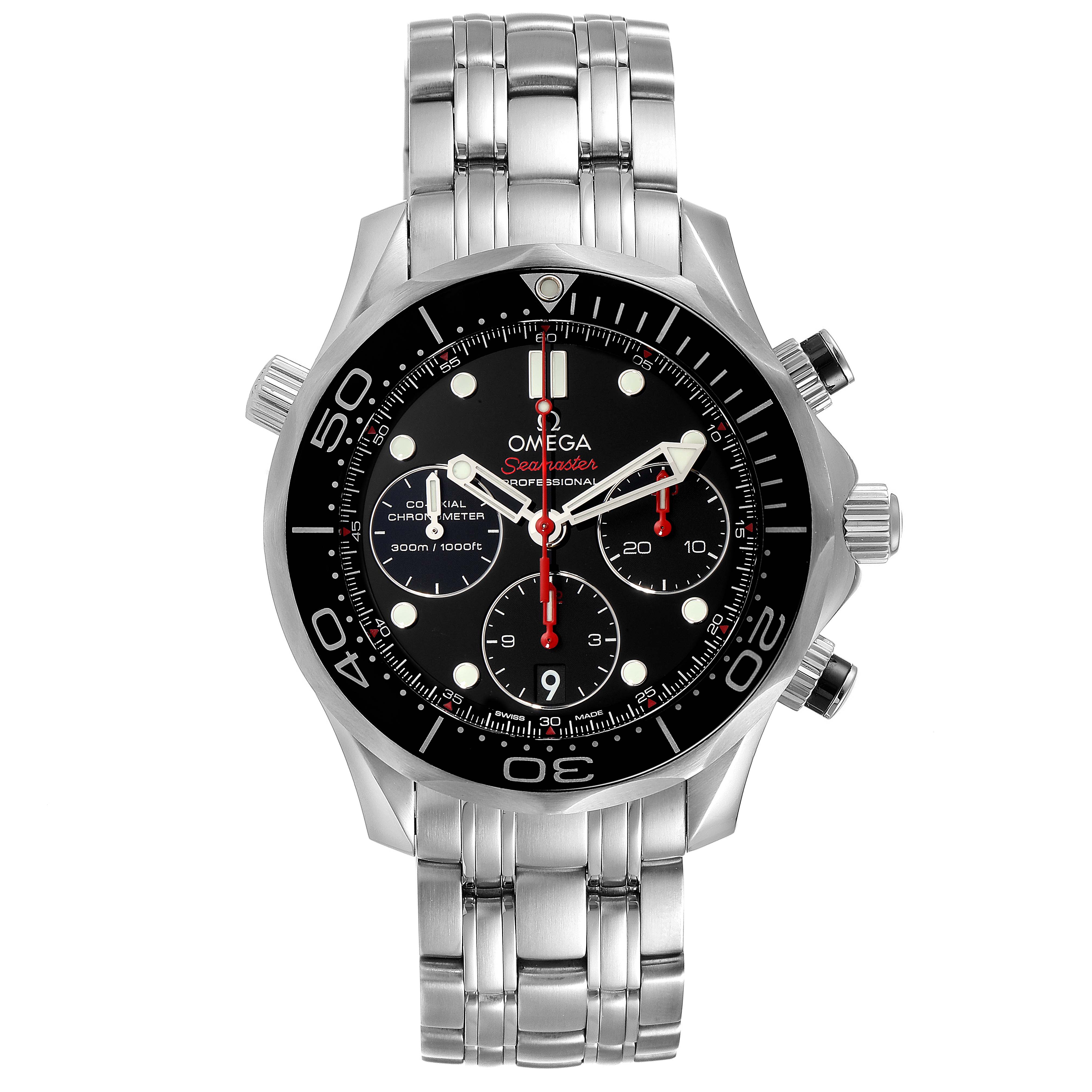 The image shows a front view of the Omega Seamaster 212.30.44.50.01.001 Men
s Stainless Steel Black Dial 212.30.44.50.01.001 Men
s Stainless Steel Black Dial watch, highlighting its black dial, three sub-dials, and stainless steel bracelet.