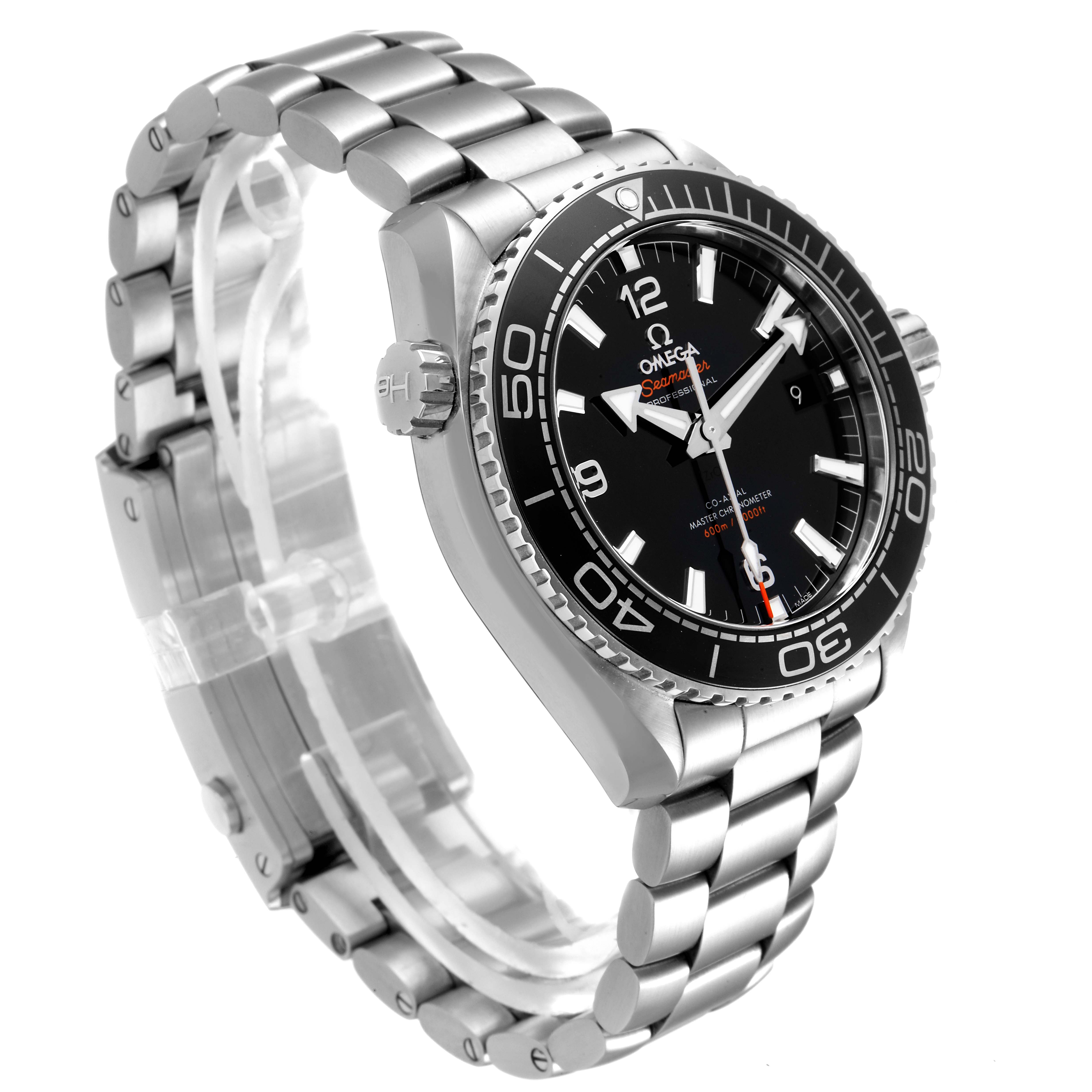 The Omega Planet Ocean 215.30.44.21.01.001 Men
s Stainless Steel Black Dial 215.30.44.21.01.001 Men
s Stainless Steel Black Dial watch is shown from a front-side angle, displaying its face, bezel, crown, and stainless steel bracelet.