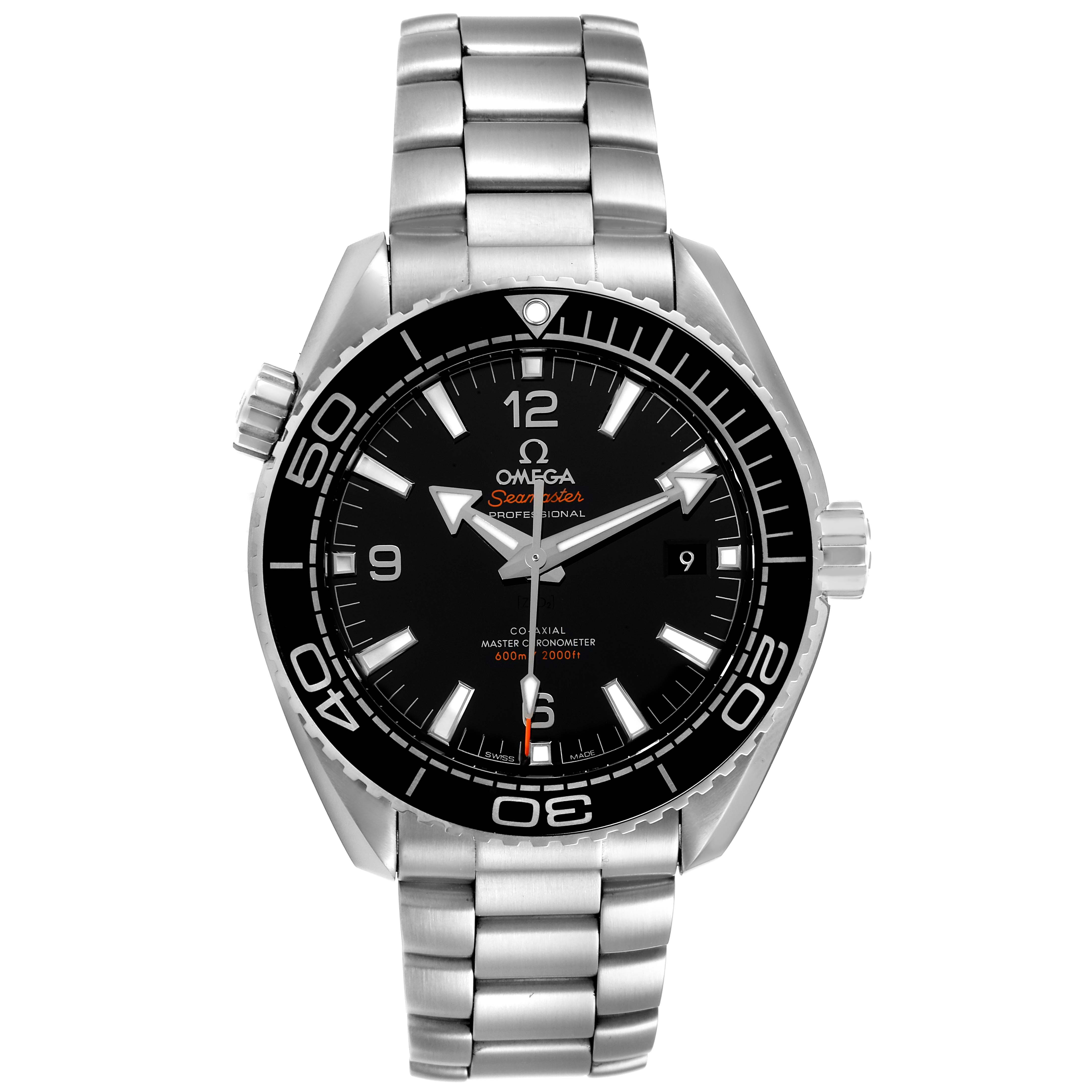 The image shows a front view of the Omega Planet Ocean 215.30.44.21.01.001 Men
s Stainless Steel Black Dial 215.30.44.21.01.001 Men
s Stainless Steel Black Dial watch, highlighting its bezel, dial, and stainless steel bracelet.