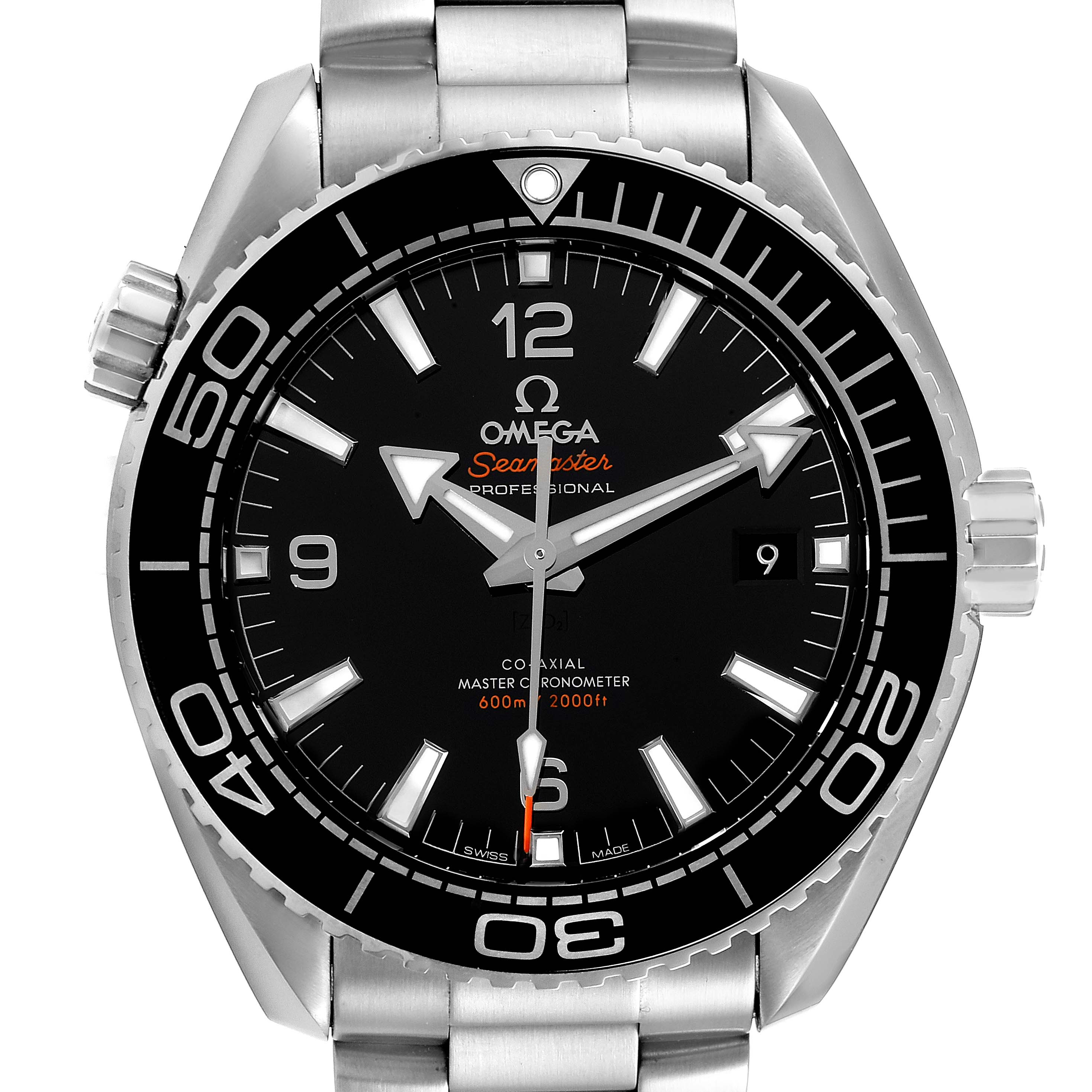 This image shows a front view of the Omega Planet Ocean 215.30.44.21.01.001 Men
s Stainless Steel Black Dial 215.30.44.21.01.001 Men
s Stainless Steel Black Dial model watch, displaying its black dial, bezel, and stainless steel bracelet.