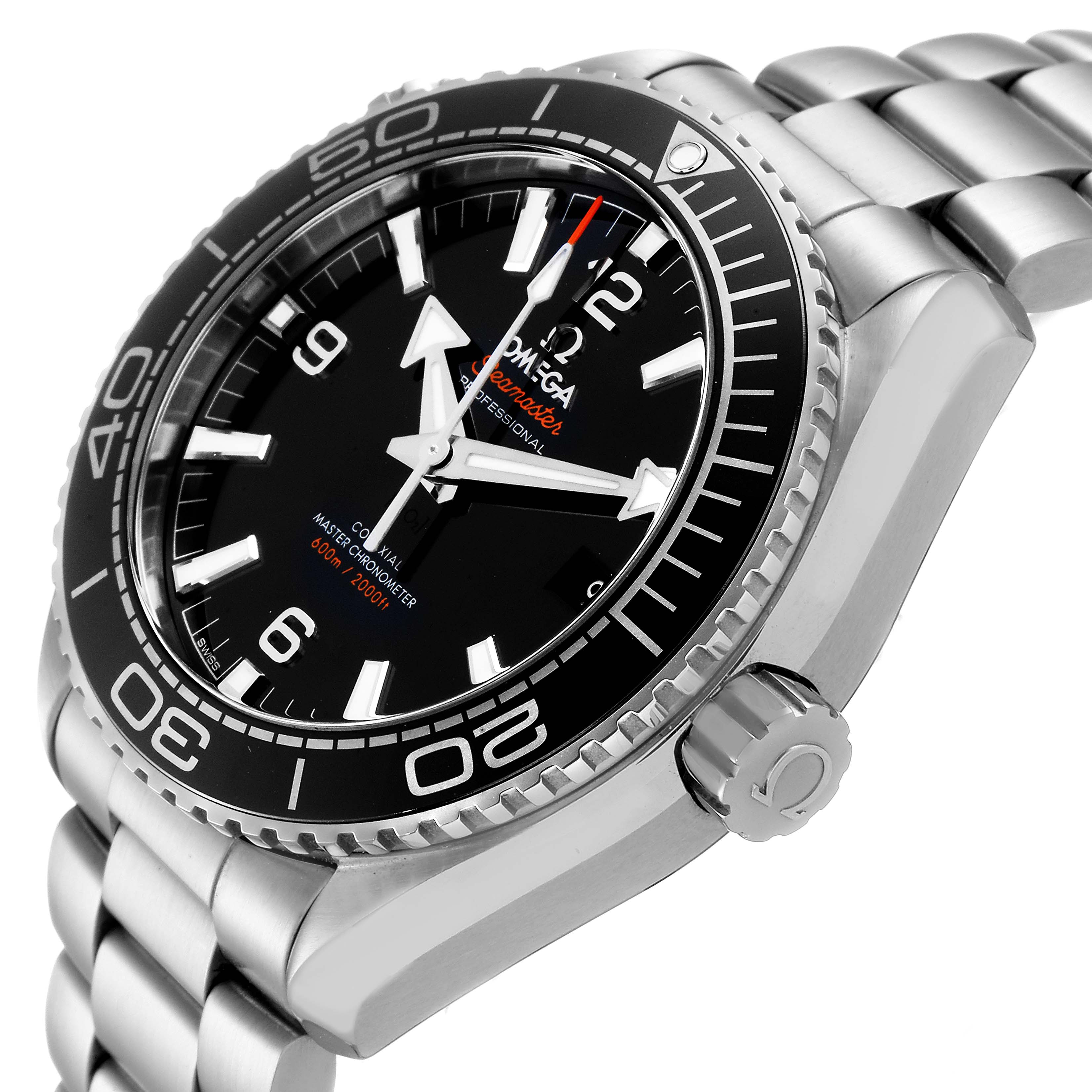 The image shows a close-up angle of the dial, bezel, and bracelet of the Omega Planet Ocean 215.30.44.21.01.001 Men
s Stainless Steel Black Dial 215.30.44.21.01.001 Men
s Stainless Steel Black Dial watch.