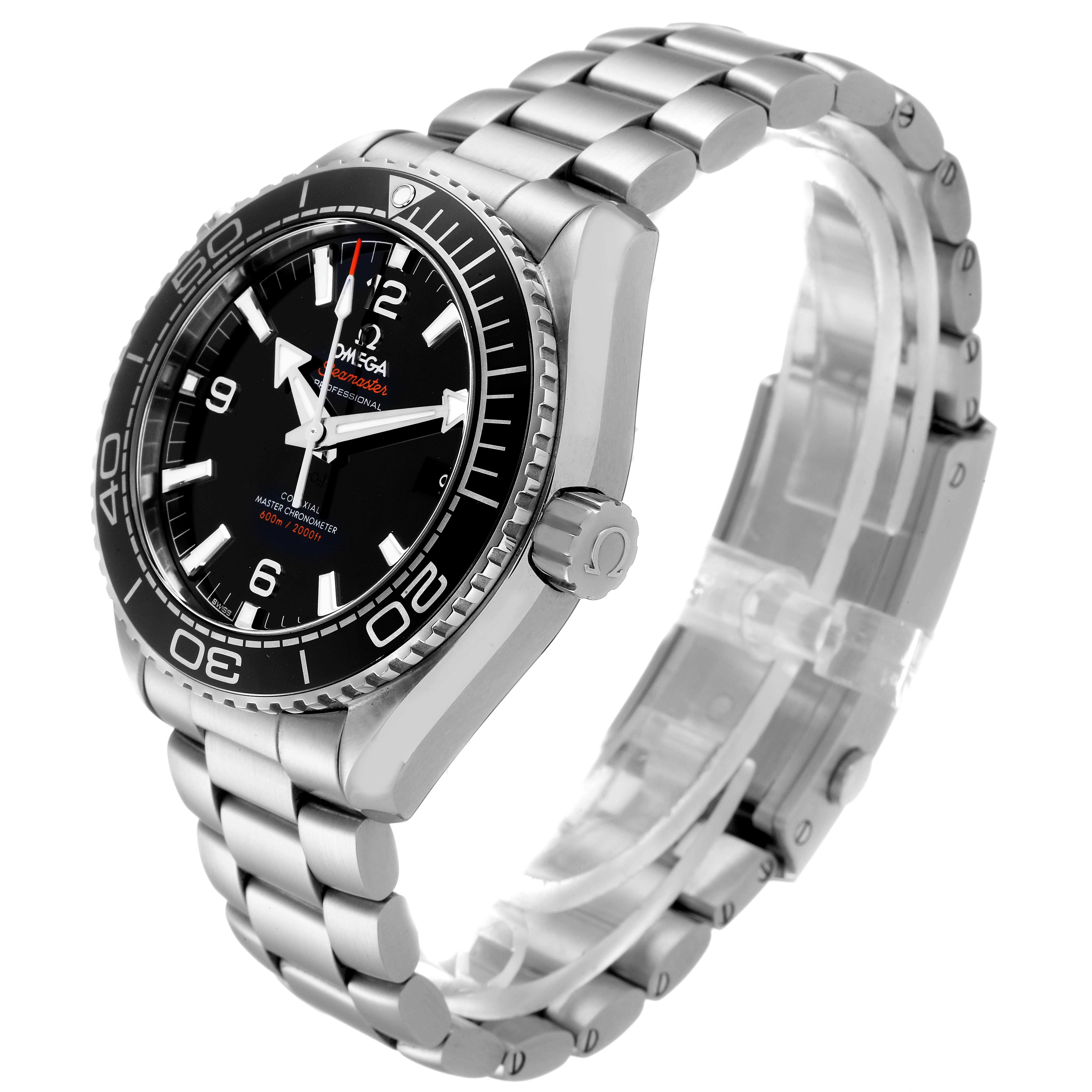 The image shows a three-quarter view of the Omega Planet Ocean 215.30.44.21.01.001 Men
s Stainless Steel Black Dial 215.30.44.21.01.001 Men
s Stainless Steel Black Dial watch, highlighting the dial, bezel, crown, and bracelet.