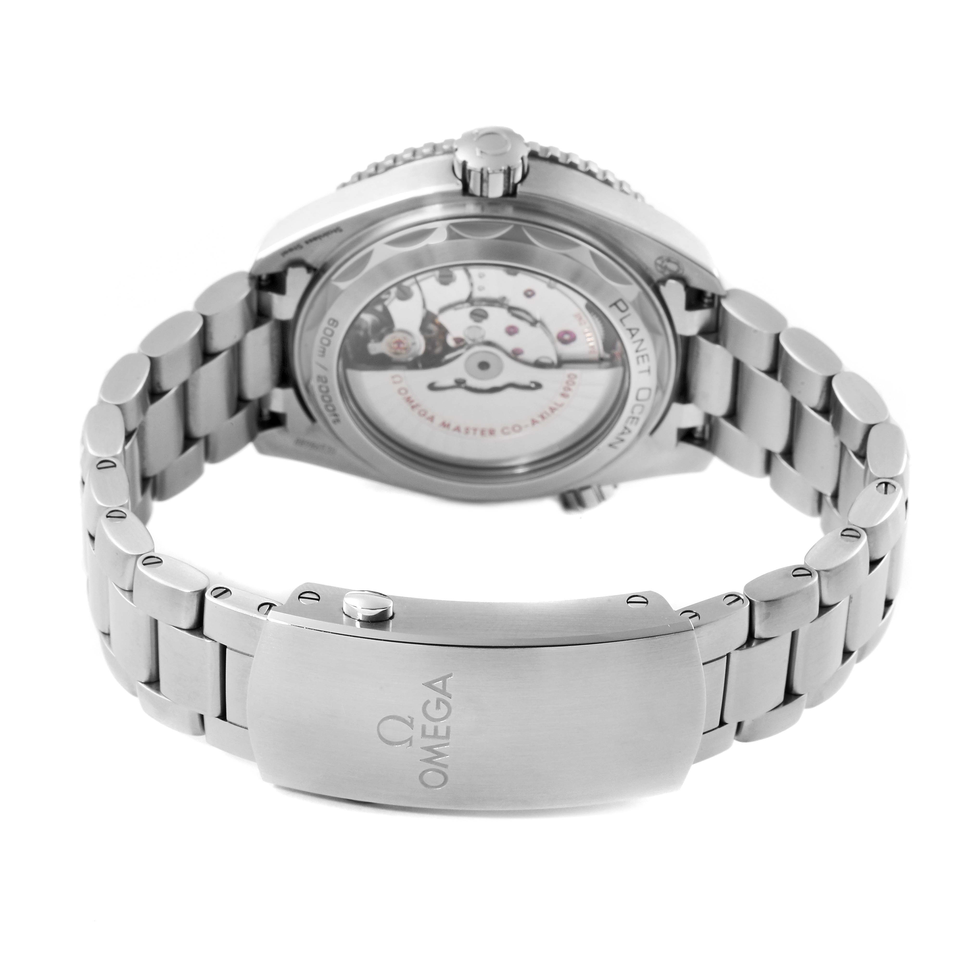 The image shows the back view of an Omega Planet Ocean 215.30.44.21.01.001 Men
s Stainless Steel Black Dial 215.30.44.21.01.001 Men
s Stainless Steel Black Dial watch, highlighting its transparent case back and stainless steel bracelet with the Omega logo.