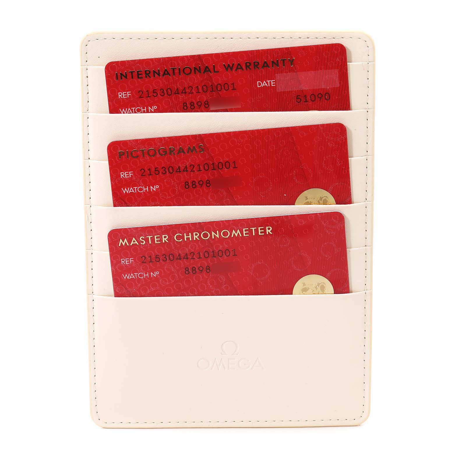 The image shows three red certification cards in a white holder for an Omega Planet Ocean 215.30.44.21.01.001 Men
s Stainless Steel Black Dial 215.30.44.21.01.001 Men
s Stainless Steel Black Dial model watch.