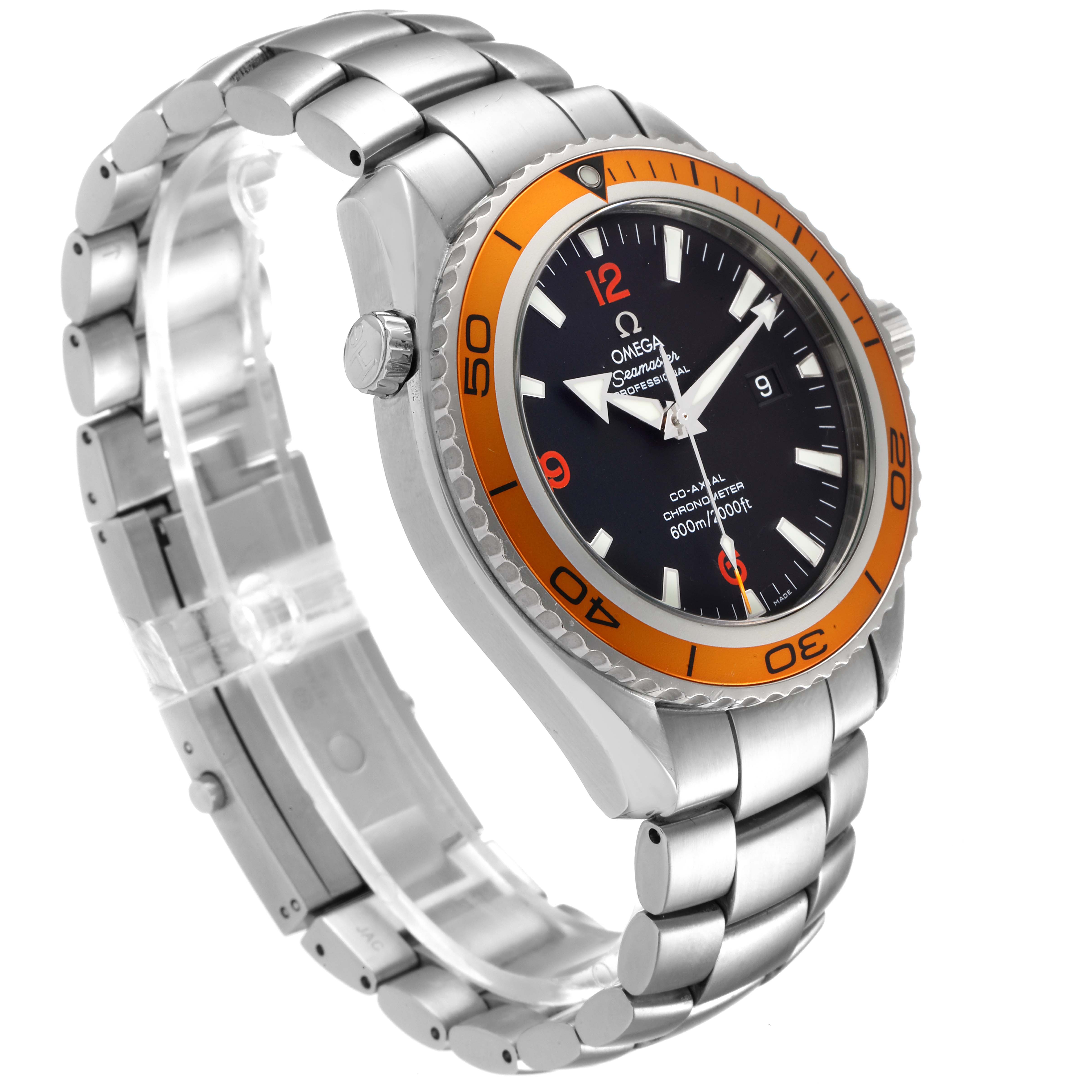 The image shows an angled side view of the Omega Planet Ocean 2209.50.00 Men
s Stainless Steel Black Dial 2209.50.00 Men
s Stainless Steel Black Dial watch, featuring its bracelet, crown, and orange bezel.