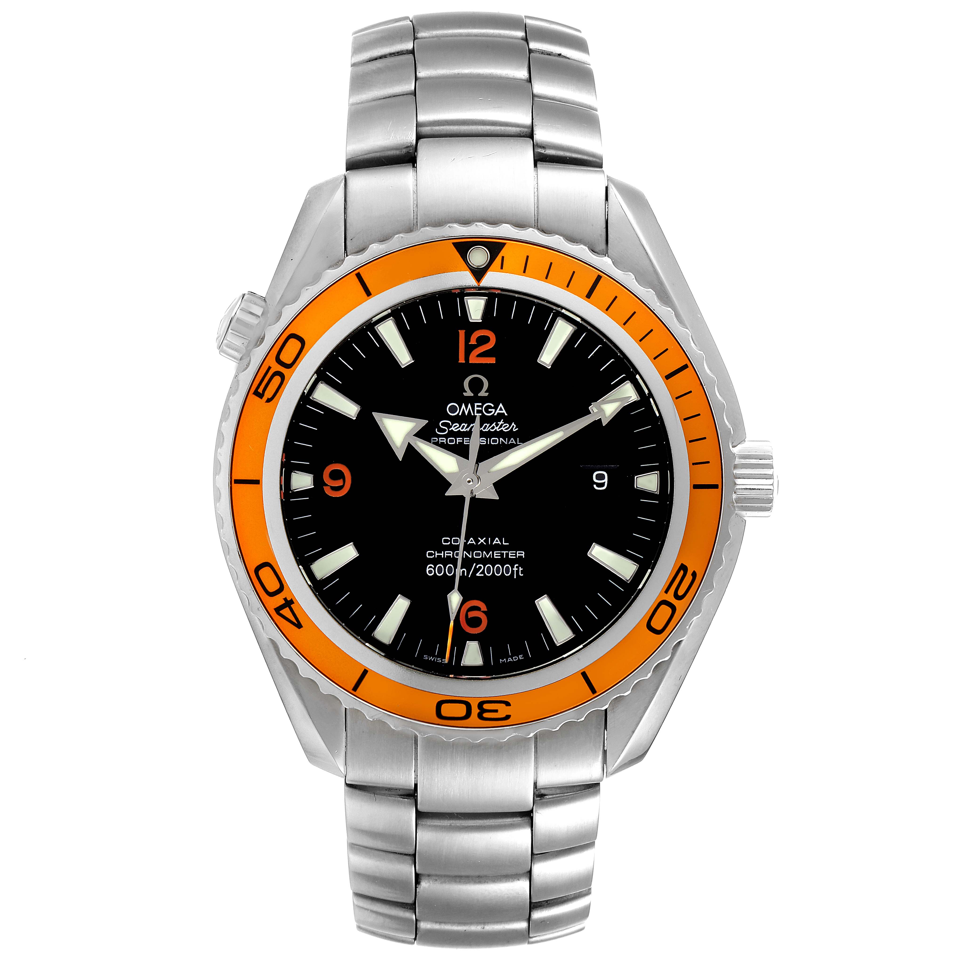 The image shows a front view of the Omega Planet Ocean 2209.50.00 Men
s Stainless Steel Black Dial 2209.50.00 Men
s Stainless Steel Black Dial watch, displaying its face, bezel, and stainless steel bracelet.