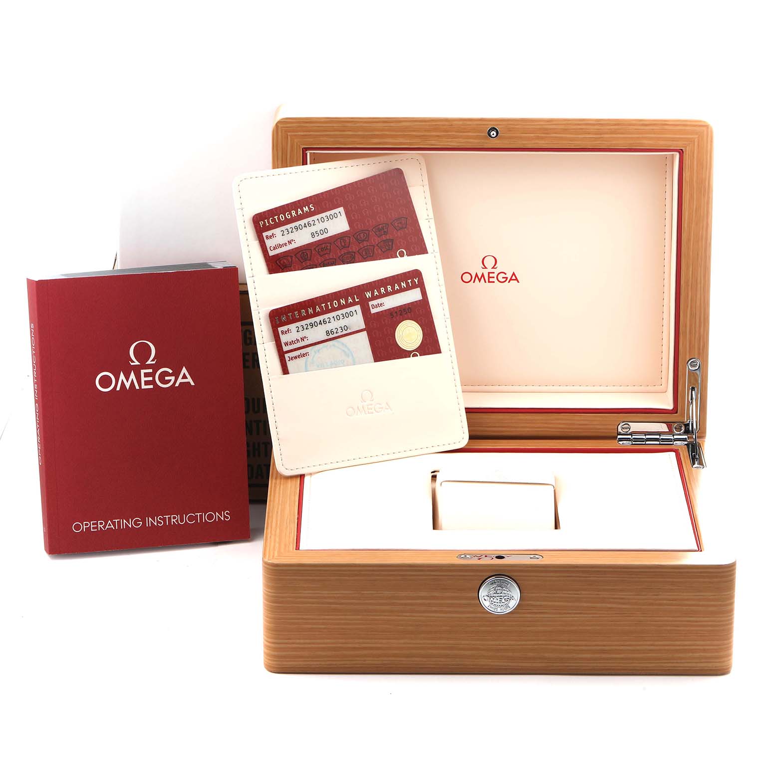 The image shows an Omega Planet Ocean 232.90.46.21.03.001 Men's Titanium Blue Dial 232.90.46.21.03.001 Men's Titanium Blue Dial watch box with operating instructions, warranty cards, and a card holder.