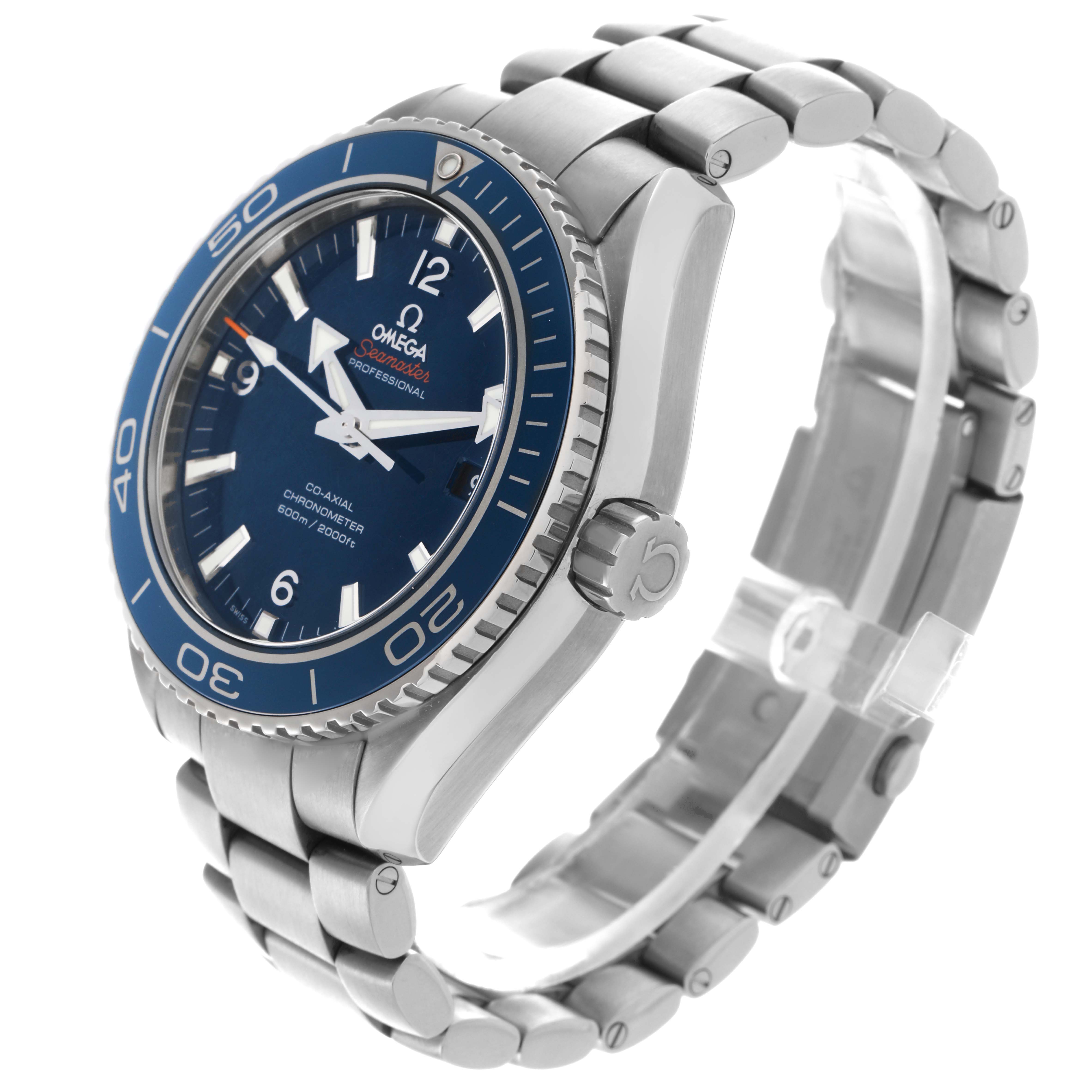 The Omega Planet Ocean 232.90.46.21.03.001 Men's Titanium Blue Dial 232.90.46.21.03.001 Men's Titanium Blue Dial watch is shown at a three-quarter angle, highlighting the face, bezel, crown, and bracelet.