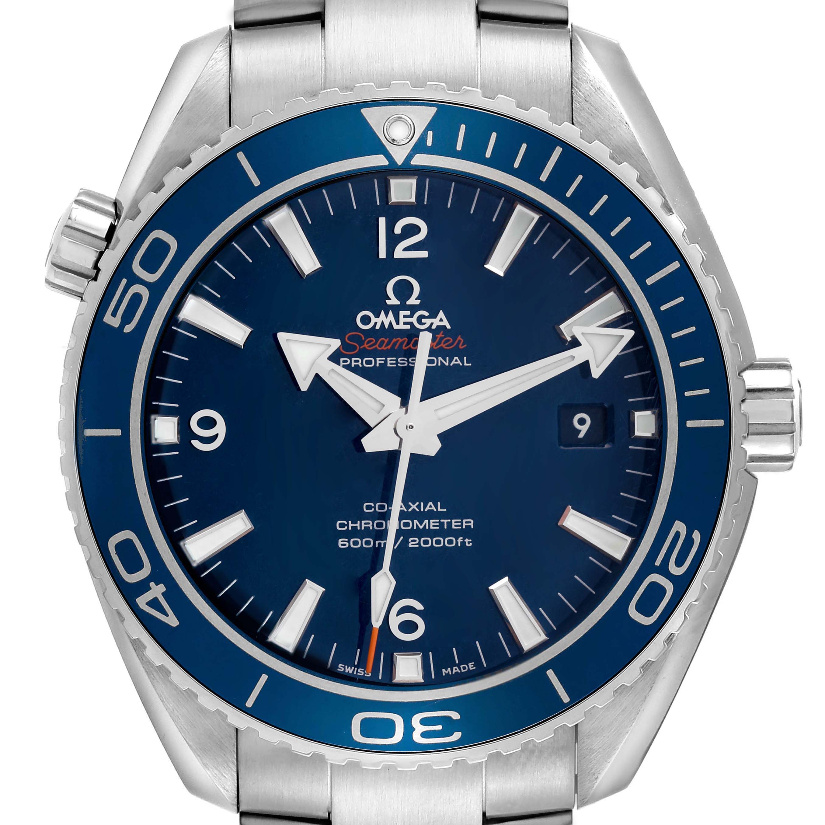 This image shows a front view of the Omega Planet Ocean 232.90.46.21.03.001 Men's Titanium Blue Dial 232.90.46.21.03.001 Men's Titanium Blue Dial watch, highlighting the bezel, dial, and hands.