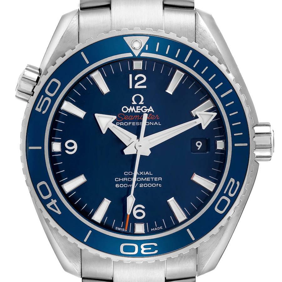 This image shows a front view of the Omega Planet Ocean watch, highlighting the bezel, dial, and hands.