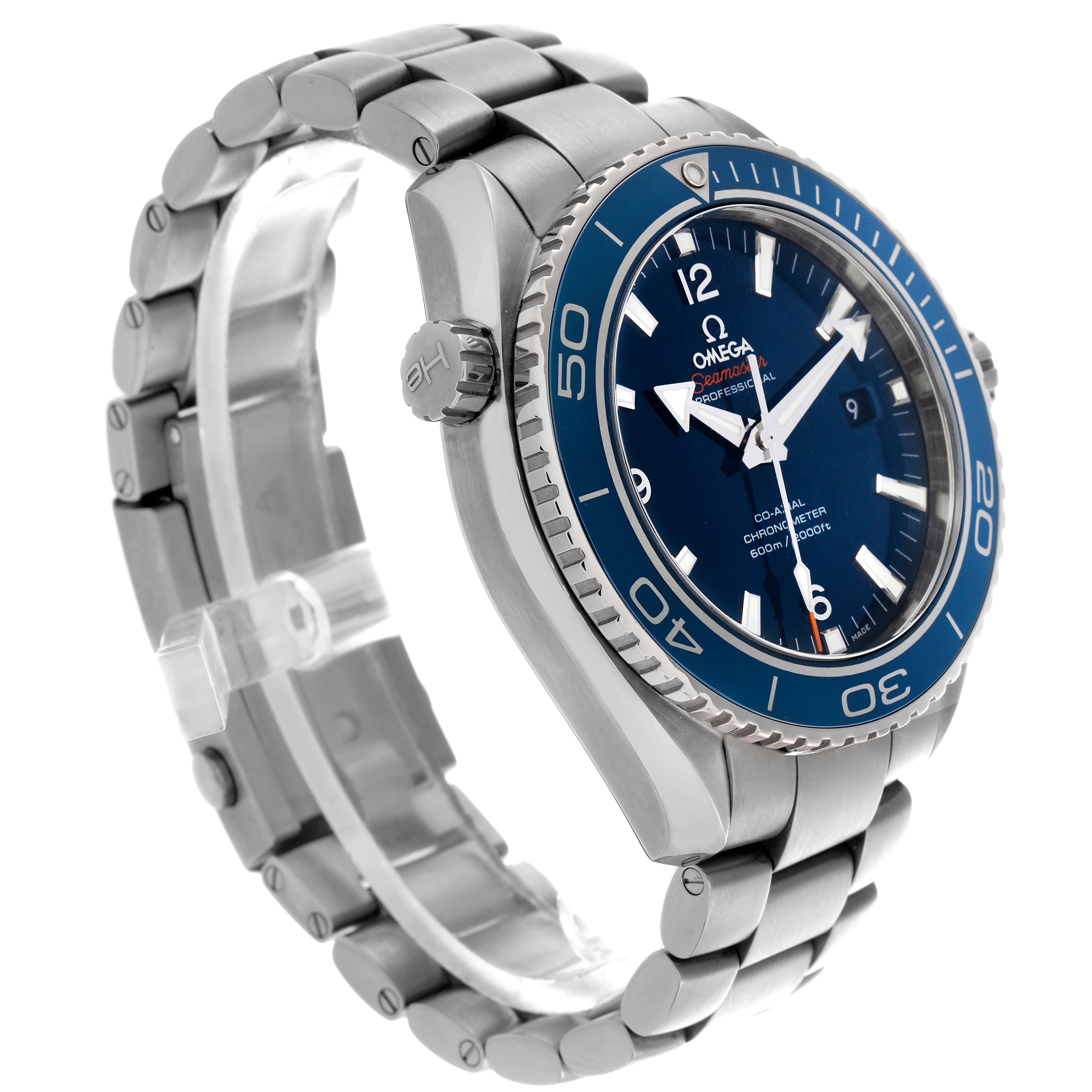 The Omega Planet Ocean 232.90.46.21.03.001 Men's Titanium Blue Dial 232.90.46.21.03.001 Men's Titanium Blue Dial watch is shown at a three-quarter angle, displaying the face, bezel, crown, and part of the bracelet.
