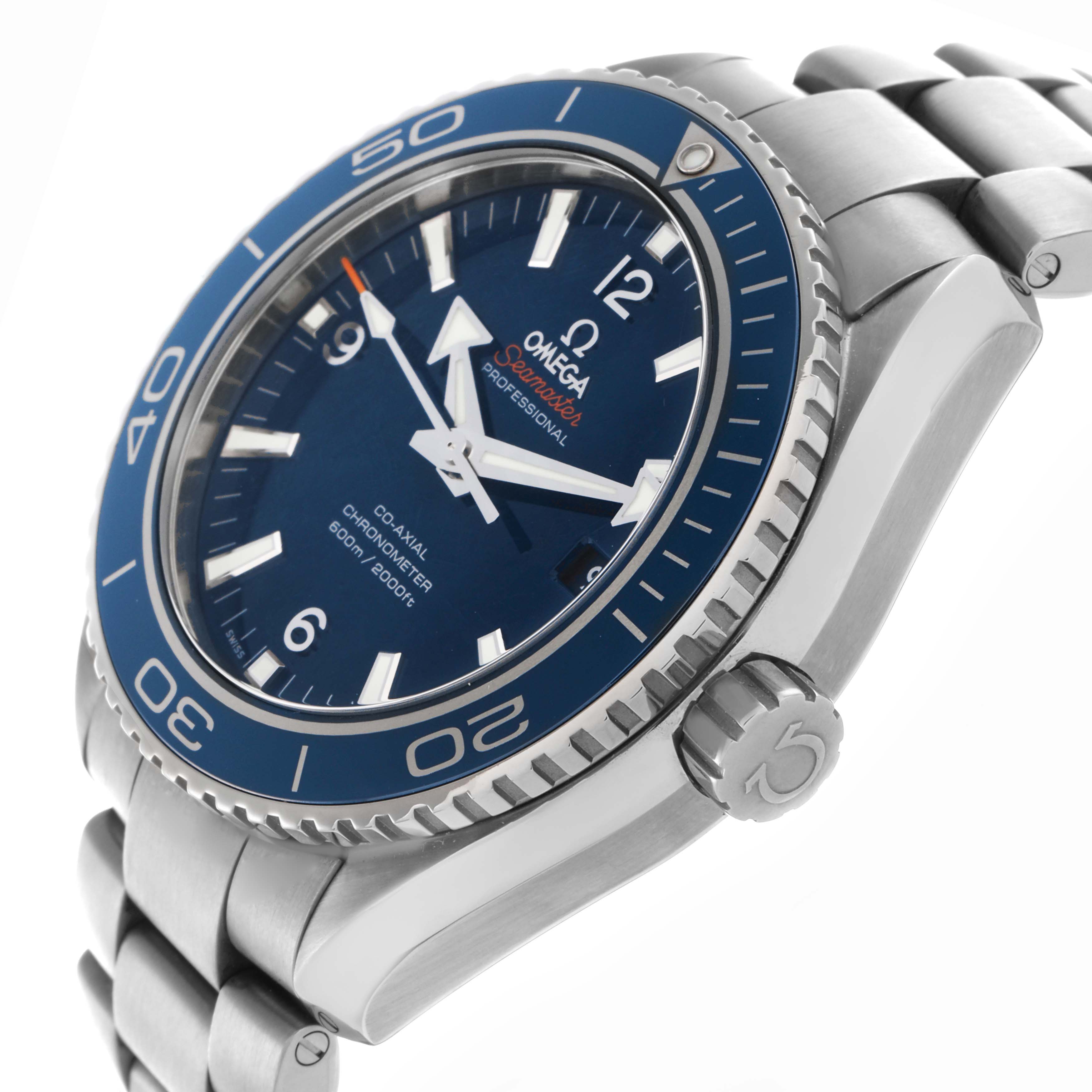 The image shows an angled side view of the Omega Planet Ocean 232.90.46.21.03.001 Men's Titanium Blue Dial 232.90.46.21.03.001 Men's Titanium Blue Dial watch, highlighting the bezel, crown, and bracelet.