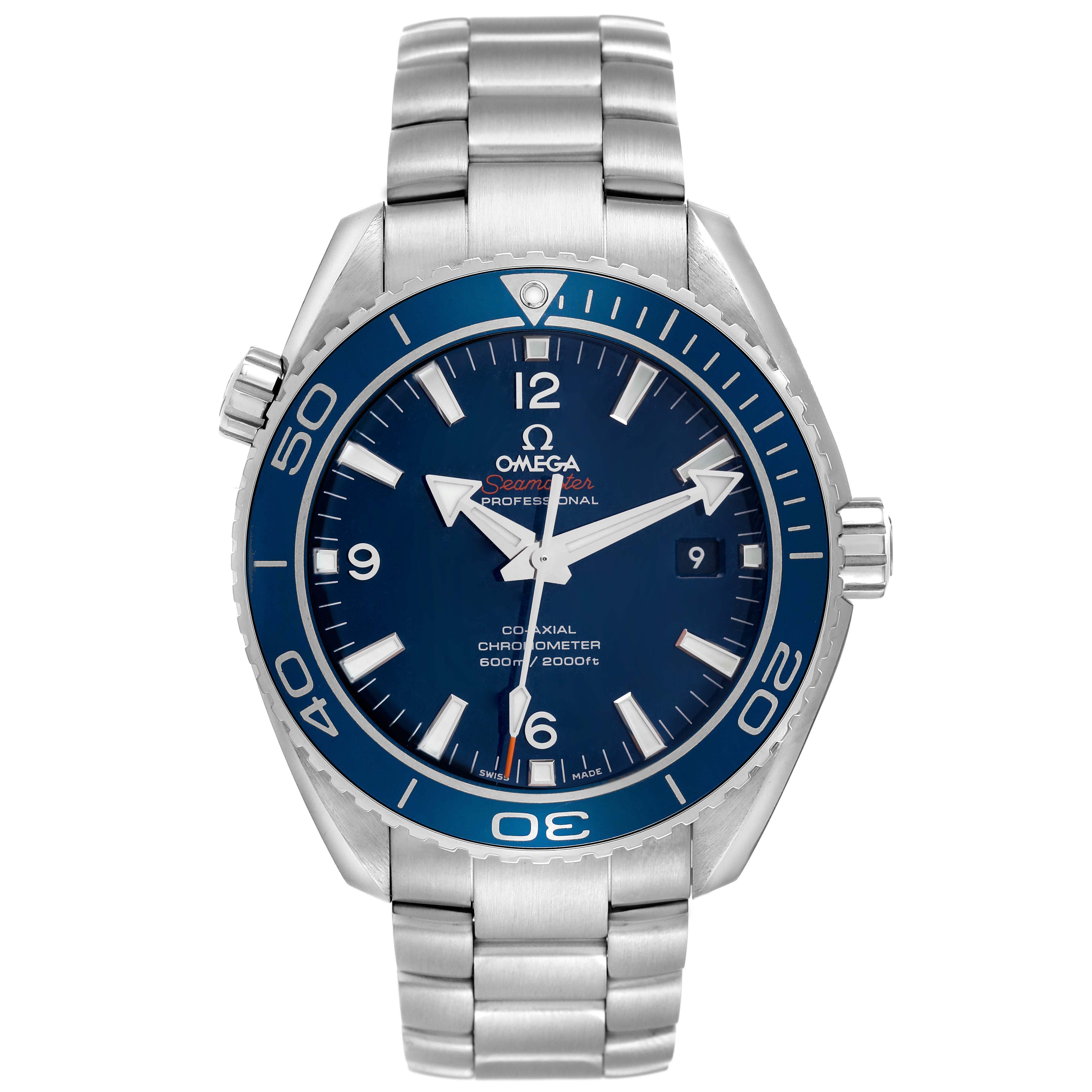 The image shows a front view of the Omega Planet Ocean 232.90.46.21.03.001 Men's Titanium Blue Dial 232.90.46.21.03.001 Men's Titanium Blue Dial watch, highlighting the face, bezel, crown, and bracelet.