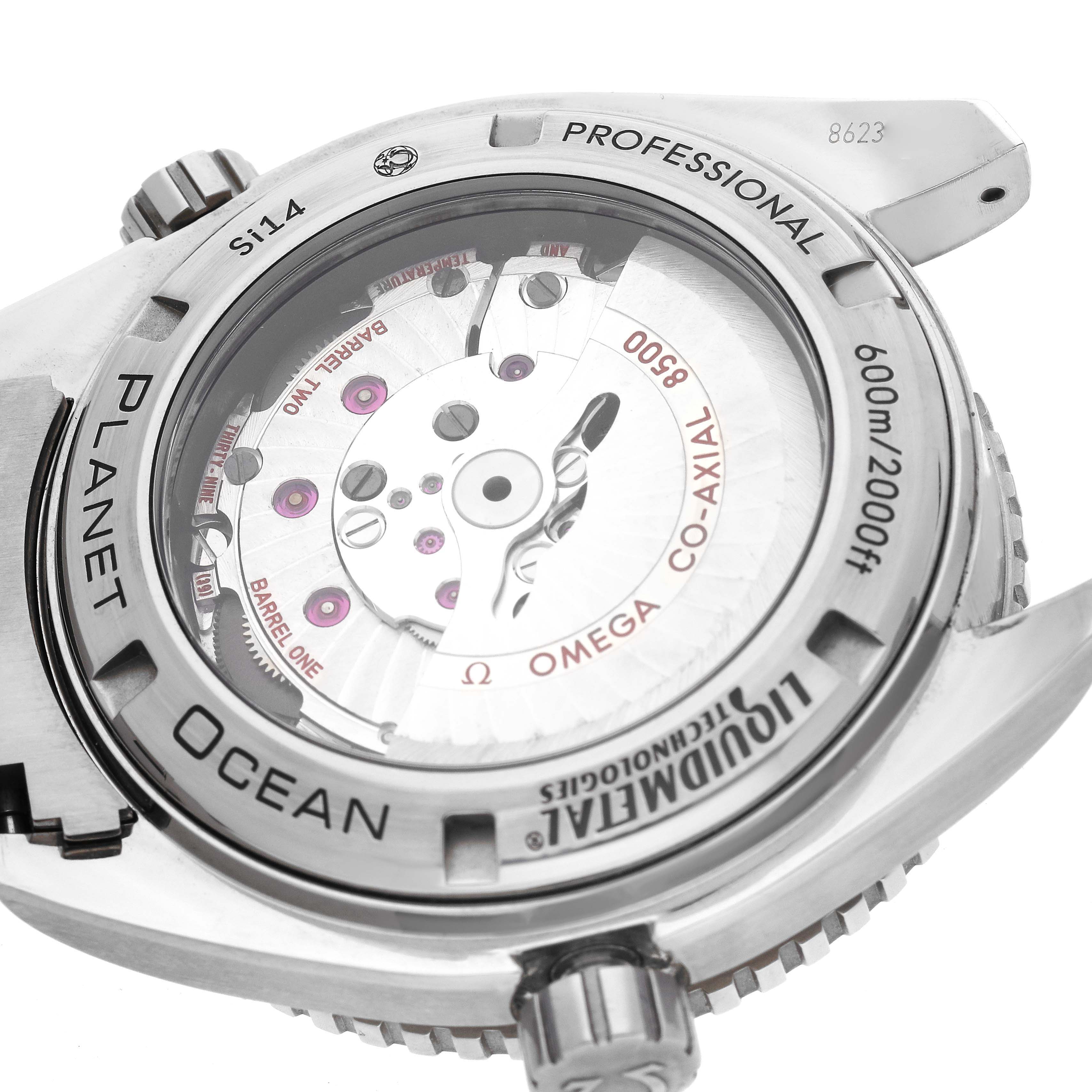 The image shows the back view of the Omega Planet Ocean 232.90.46.21.03.001 Men's Titanium Blue Dial 232.90.46.21.03.001 Men's Titanium Blue Dial watch, highlighting the transparent case back and movement.