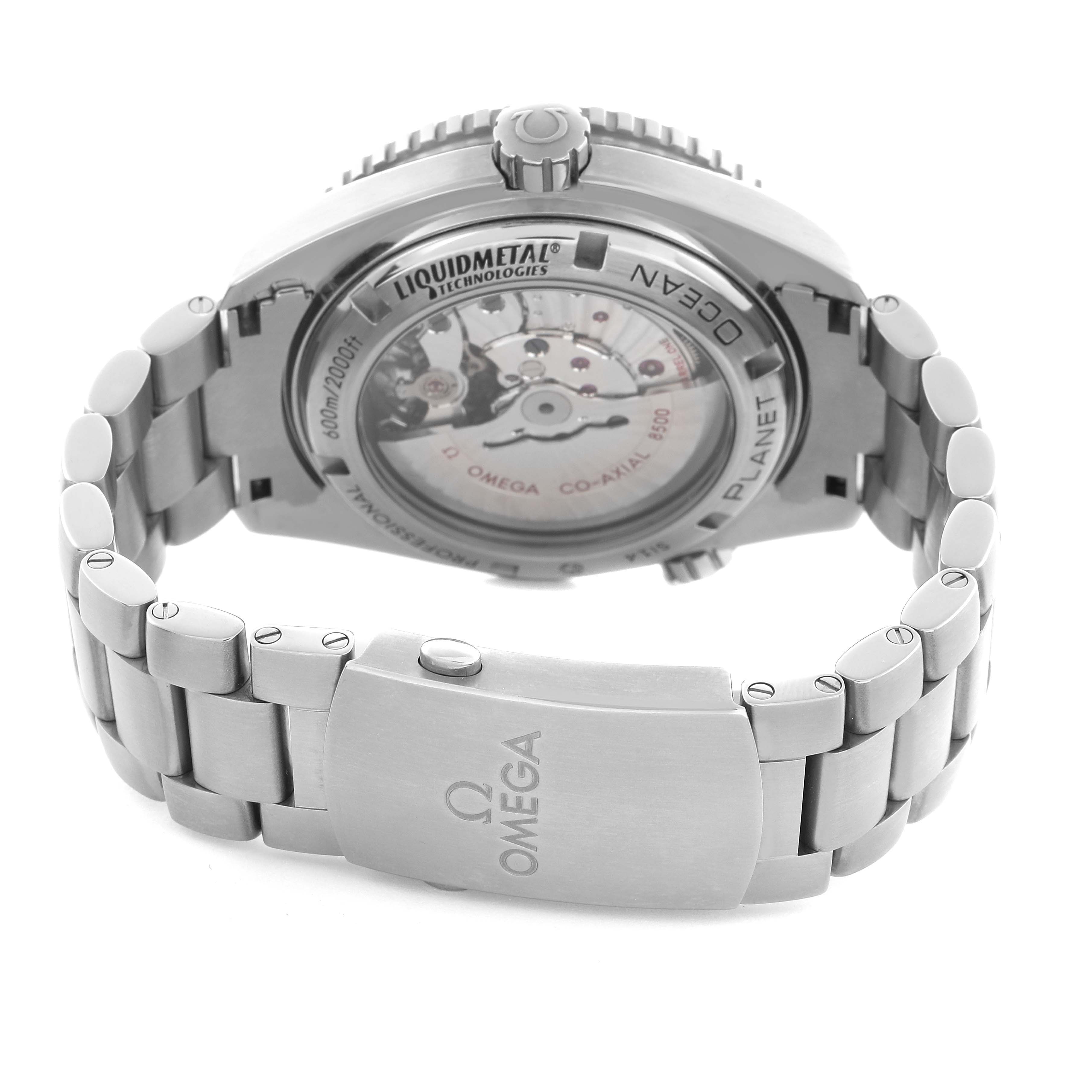 The image shows the back and side of an Omega Planet Ocean 232.90.46.21.03.001 Men's Titanium Blue Dial 232.90.46.21.03.001 Men's Titanium Blue Dial watch, highlighting its bracelet and transparent case back.