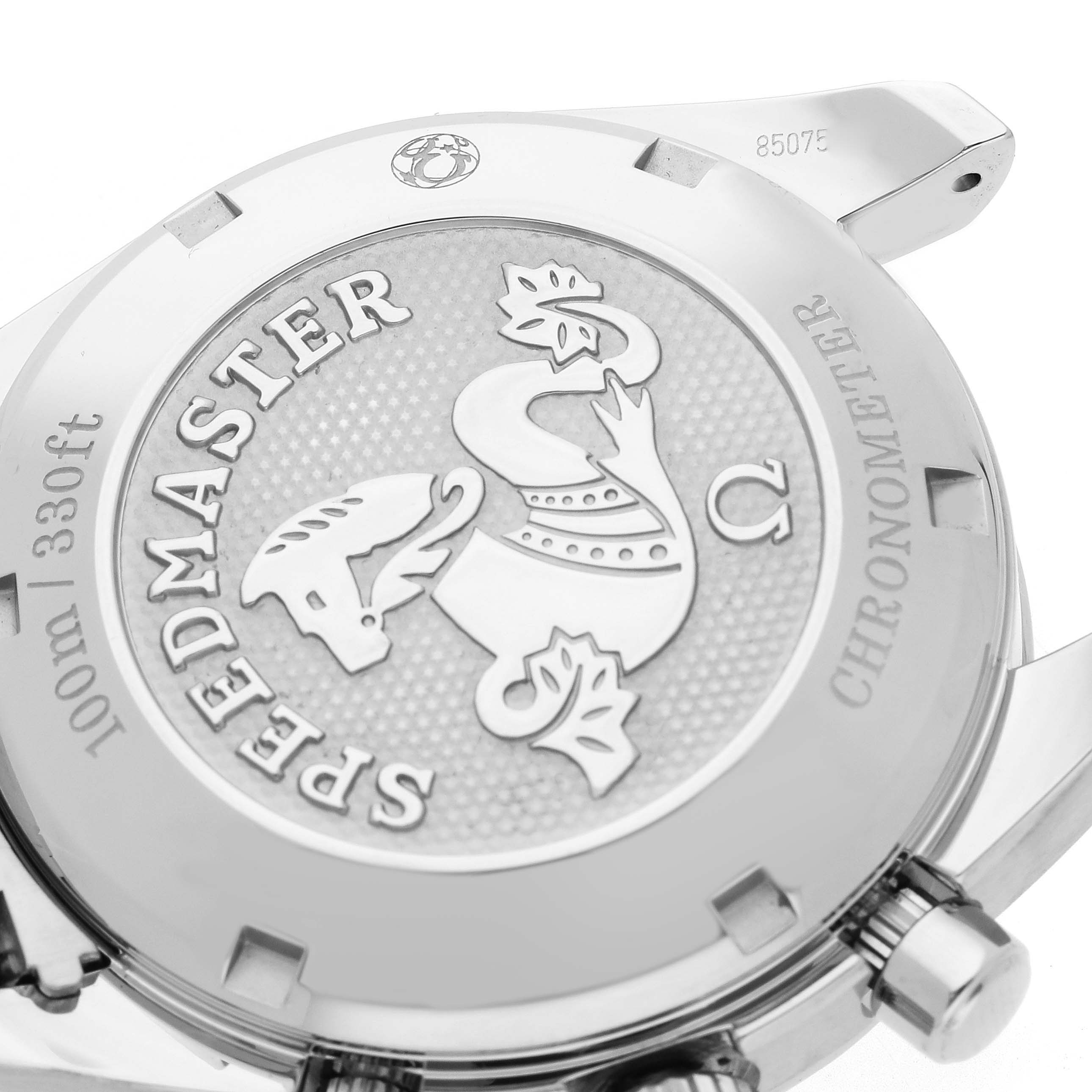 The Omega Speedmaster 324.30.38.40.04.001 Men's Stainless Steel White Dial 324.30.38.40.04.001 Men's Stainless Steel White Dial's case back is shown at an angle, featuring its engraved emblem and text details.