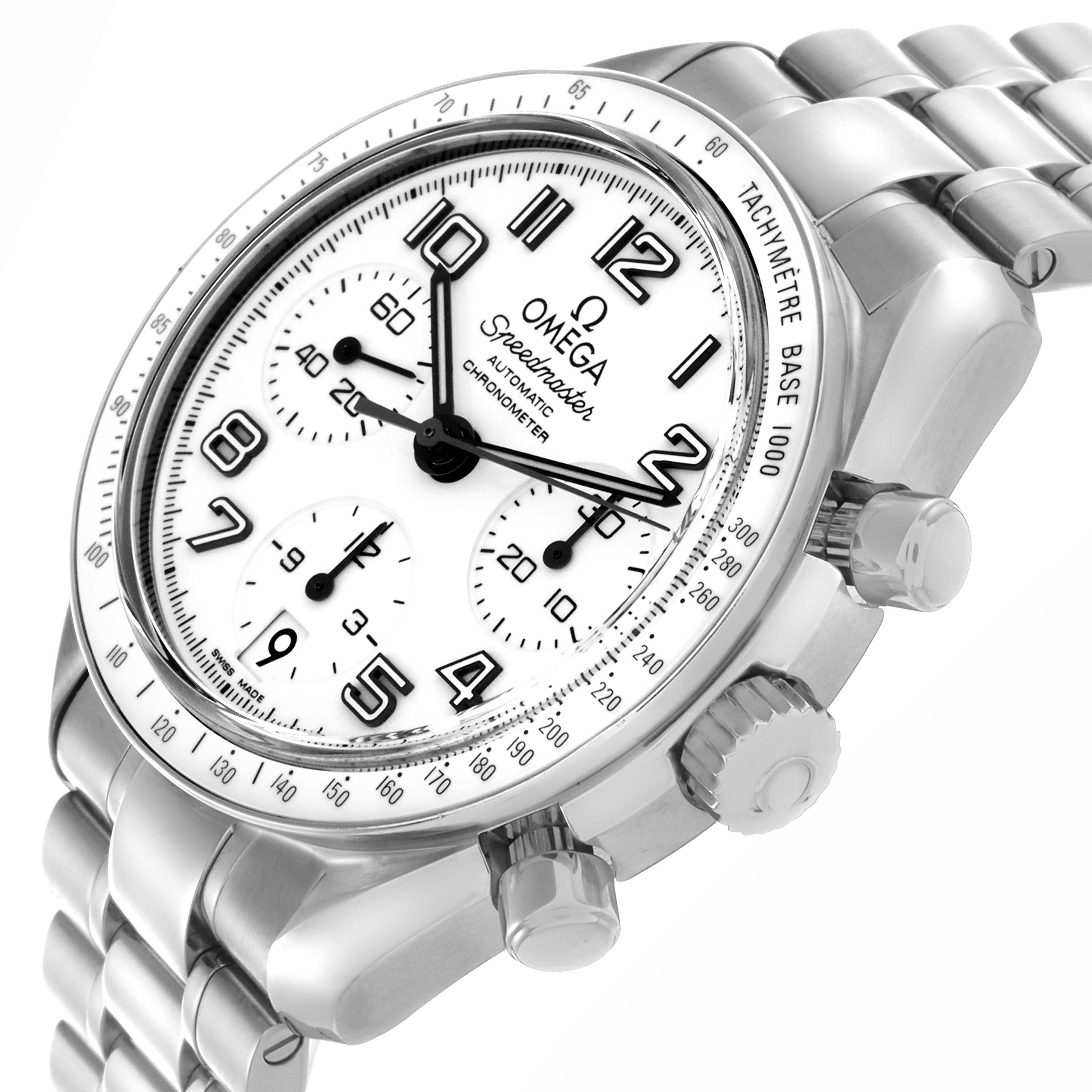 The Omega Speedmaster 324.30.38.40.04.001 Men's Stainless Steel White Dial 324.30.38.40.04.001 Men's Stainless Steel White Dial watch is shown at an angled view highlighting the dial, bezel, pushers, crown, and metal bracelet.