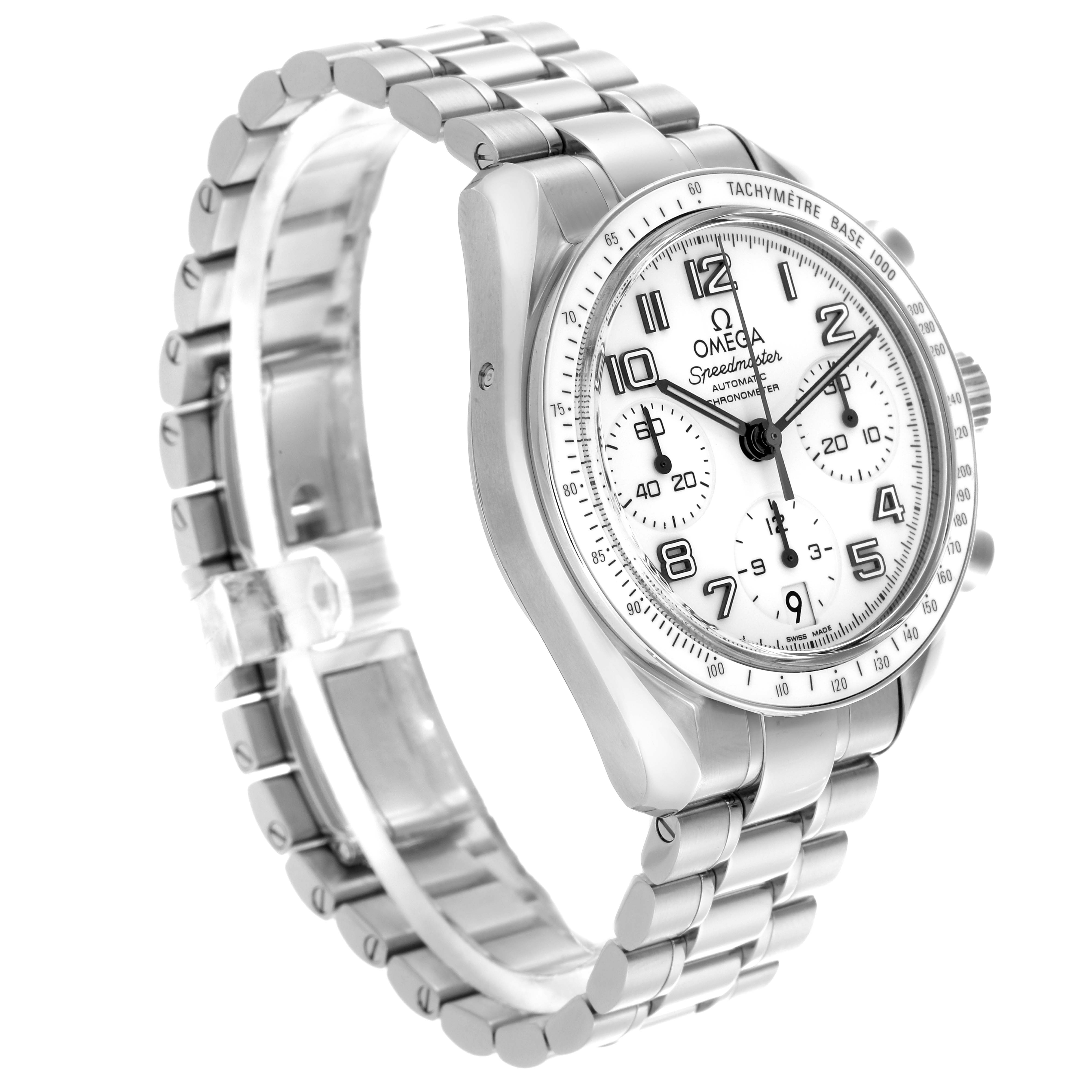 The Omega Speedmaster 324.30.38.40.04.001 Men's Stainless Steel White Dial 324.30.38.40.04.001 Men's Stainless Steel White Dial is shown at an angled side view, highlighting the bracelet, dial, and tachymeter bezel.