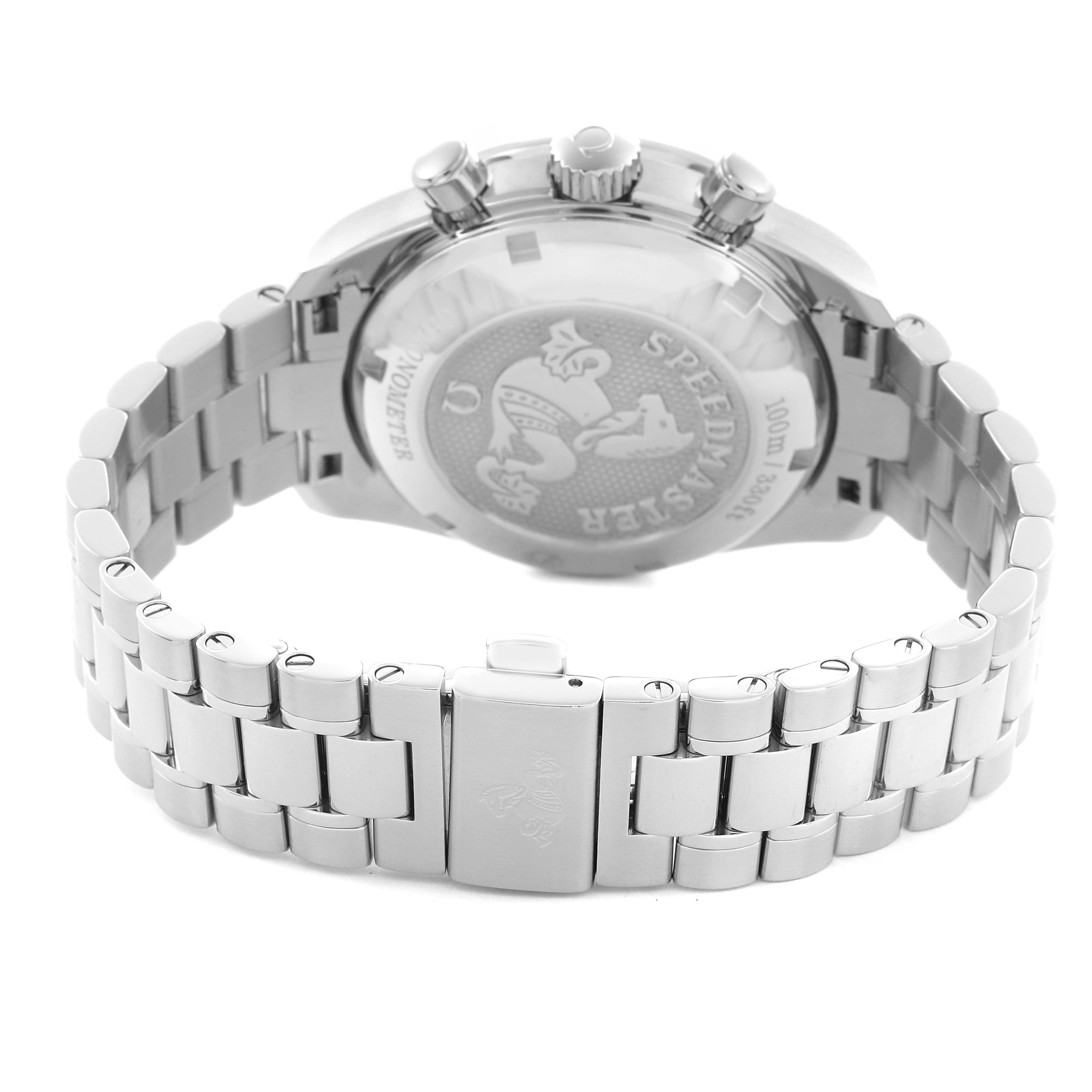 The Omega Speedmaster 324.30.38.40.04.001 Men's Stainless Steel White Dial 324.30.38.40.04.001 Men's Stainless Steel White Dial watch is shown from the back, highlighting the case back, crown, pushers, and metal bracelet.