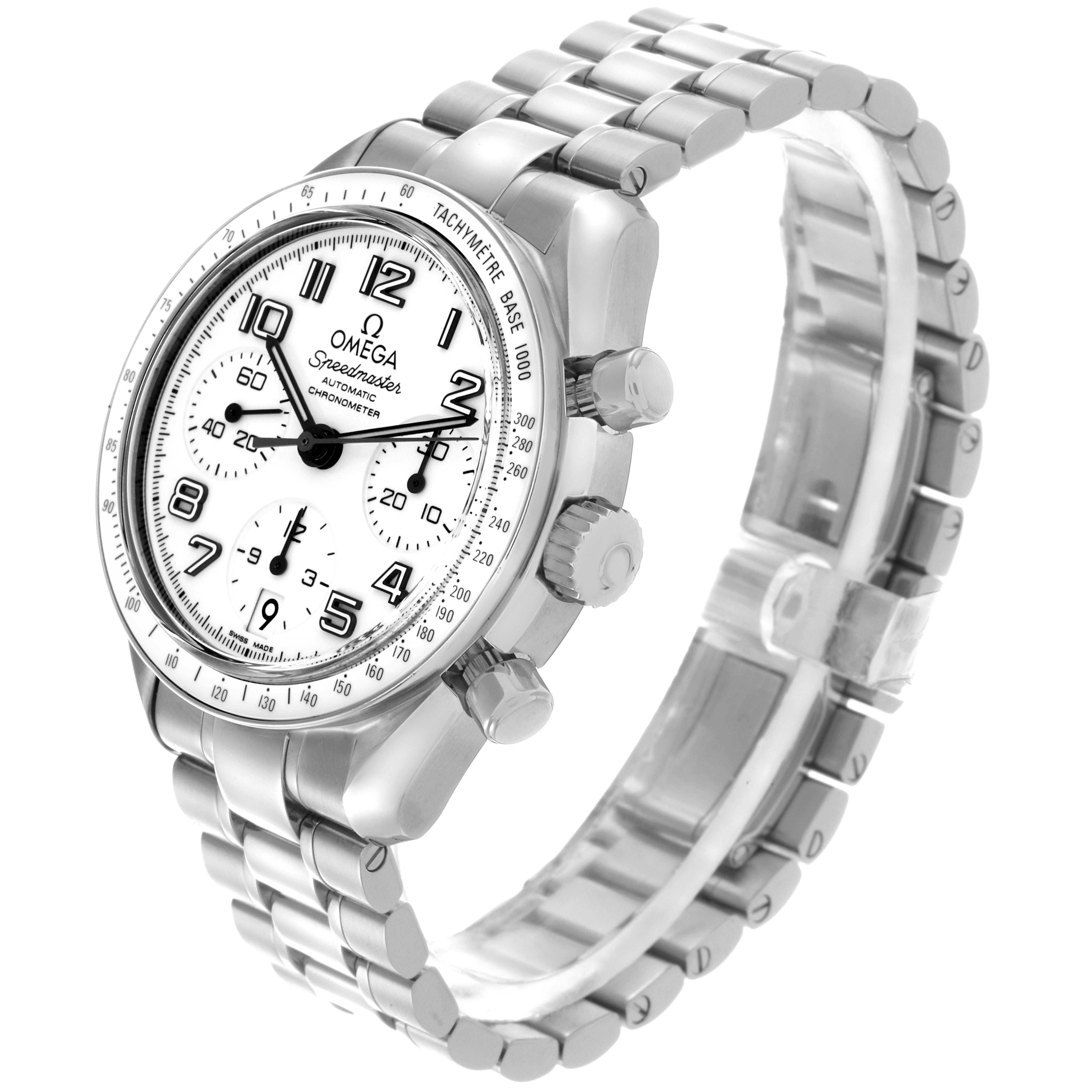 The Omega Speedmaster 324.30.38.40.04.001 Men's Stainless Steel White Dial 324.30.38.40.04.001 Men's Stainless Steel White Dial watch is shown from an angled side view featuring the face, bezel, chronograph buttons, and metal bracelet.