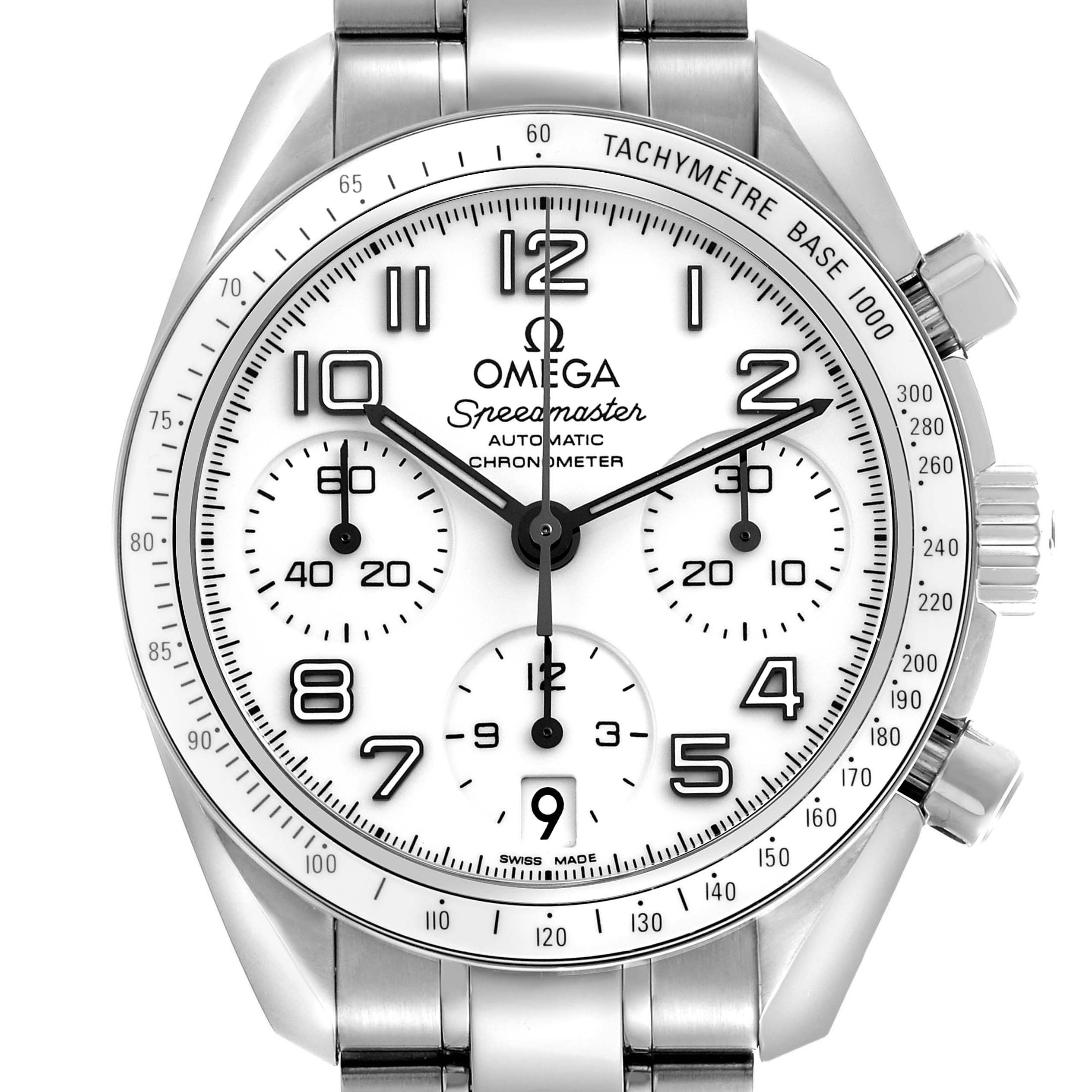 The Omega Speedmaster 324.30.38.40.04.001 Men's Stainless Steel White Dial 324.30.38.40.04.001 Men's Stainless Steel White Dial watch is shown from the front, highlighting the dial, bezel, and chronograph subdials.