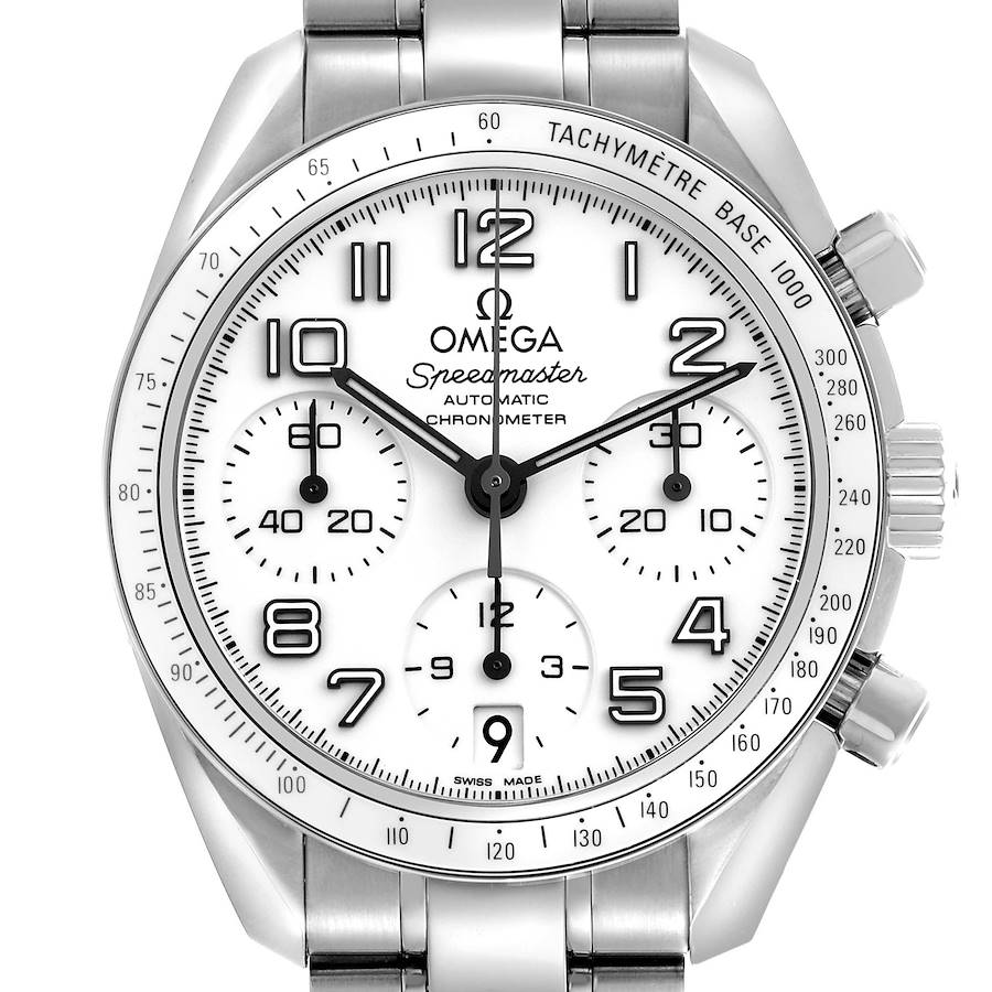 The Omega Speedmaster watch is shown from the front, highlighting the dial, bezel, and chronograph subdials.