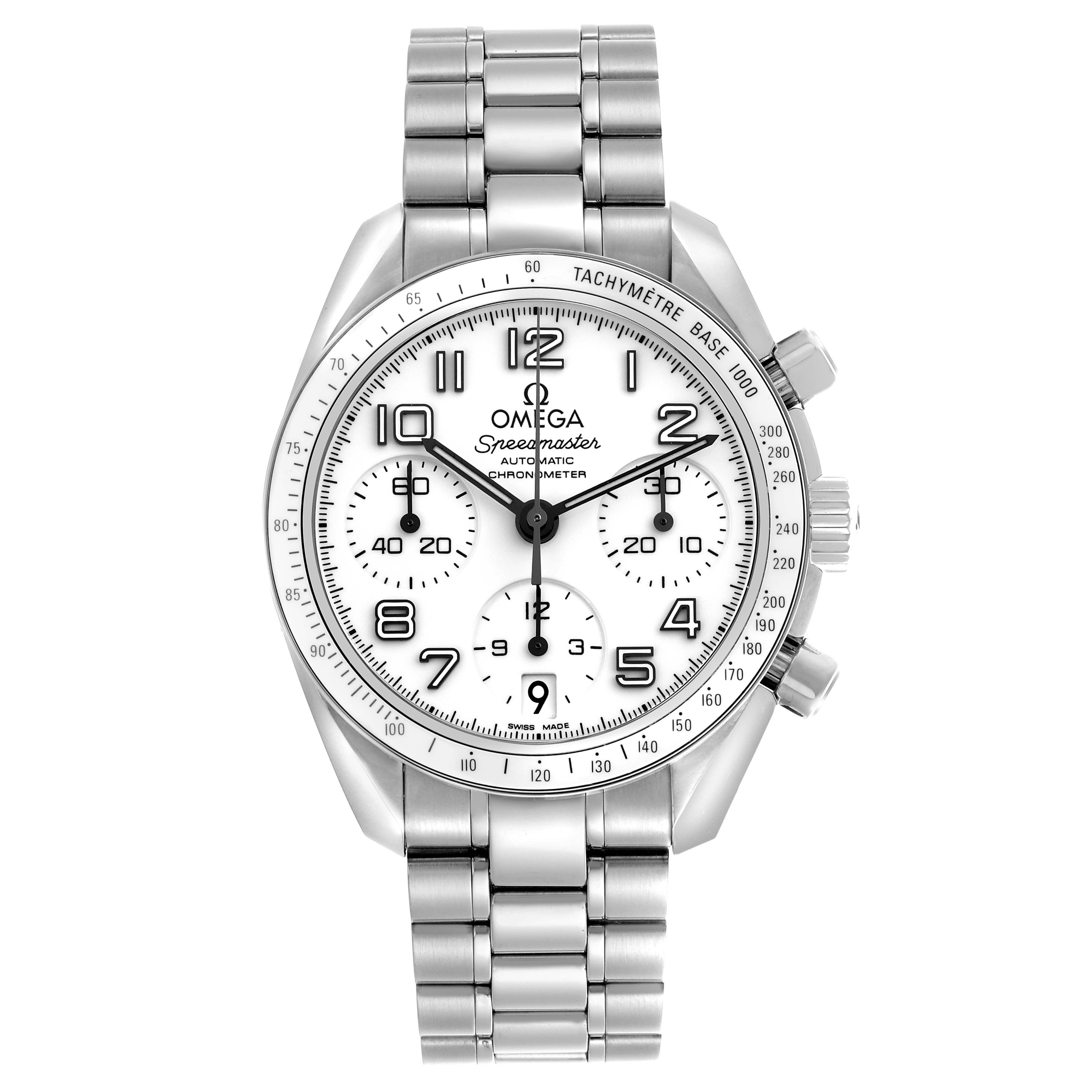 The Omega Speedmaster 324.30.38.40.04.001 Men's Stainless Steel White Dial 324.30.38.40.04.001 Men's Stainless Steel White Dial watch is shown from a front angle, displaying the dial, bezel with tachymeter scale, and stainless steel bracelet.
