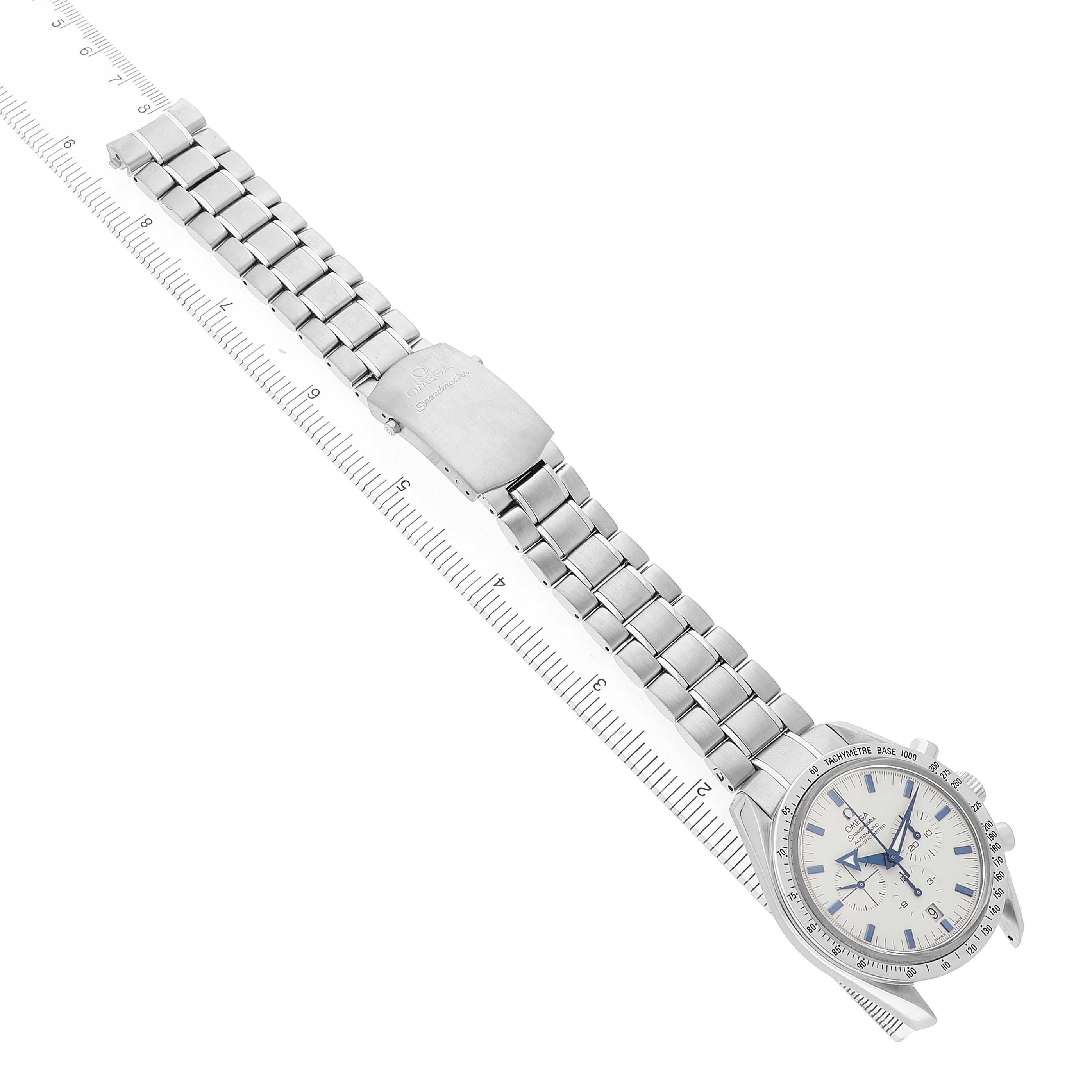 The Omega Speedmaster 3551.20.00 Men's Stainless Steel White Dial watch is shown at a diagonal angle, displaying the face, bracelet, and clasp.
