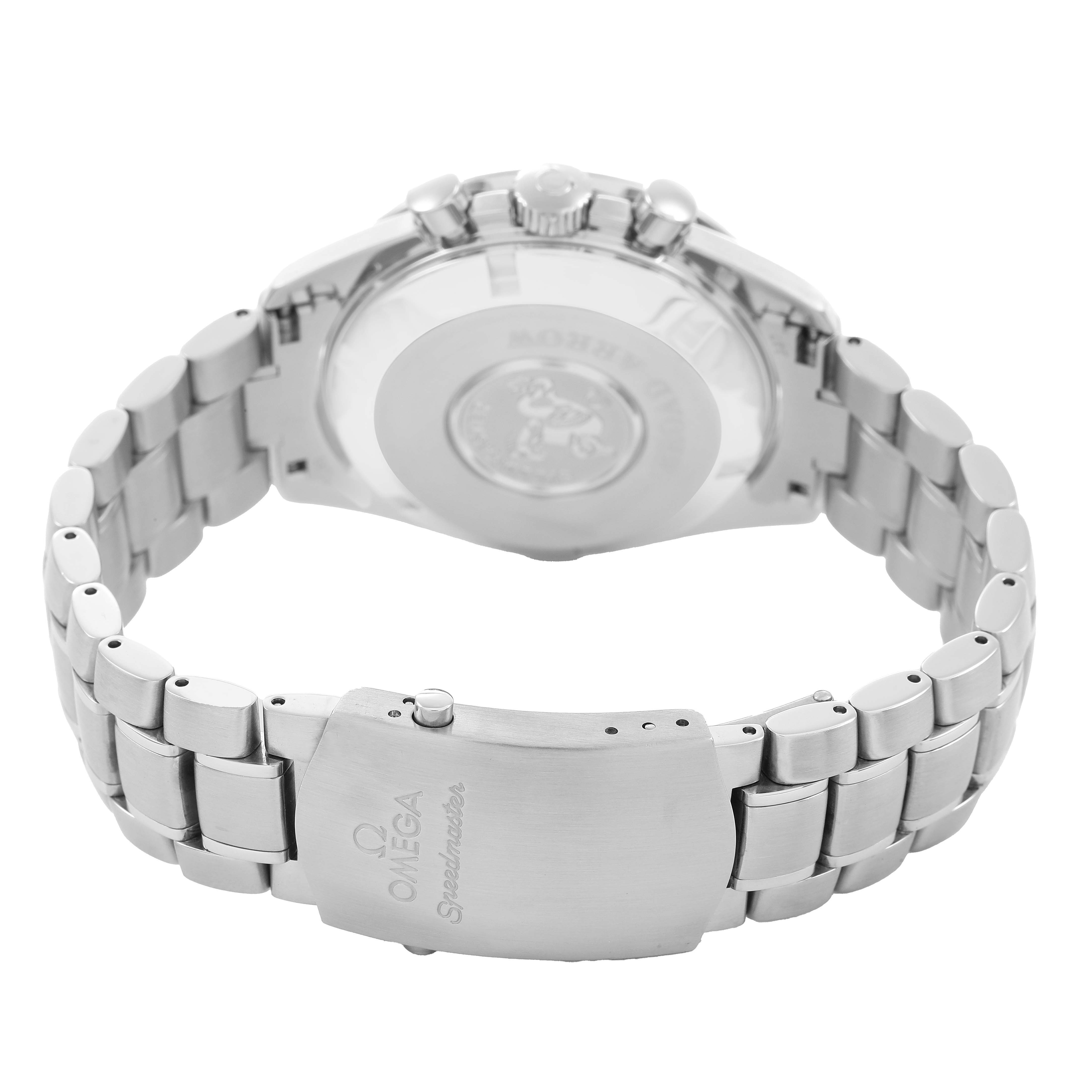 The Omega Speedmaster 3551.20.00 Men's Stainless Steel White Dial watch is shown from the back, highlighting the clasp and bracelet.