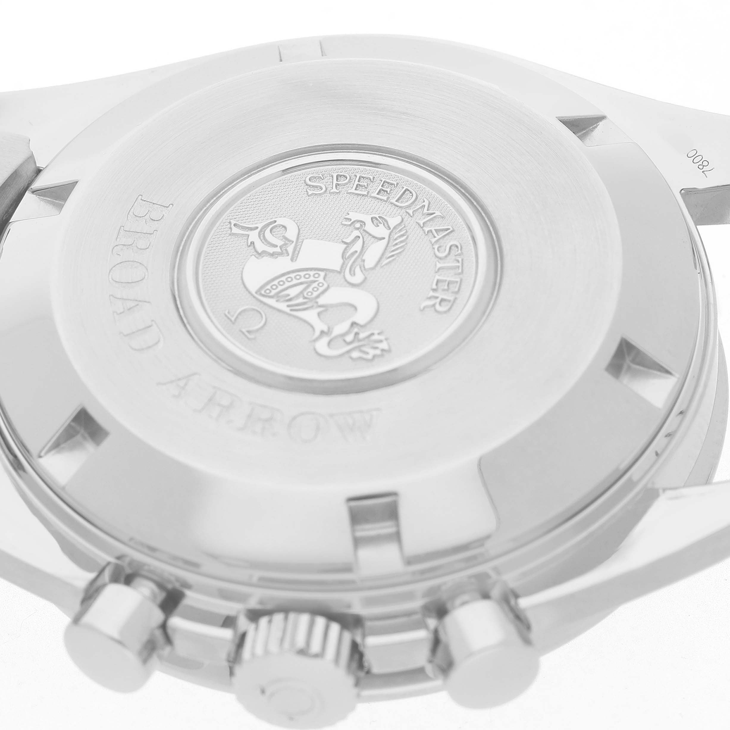 The Omega Speedmaster 3551.20.00 Men's Stainless Steel White Dial watch is shown from the back, displaying the case back engraving and crown.