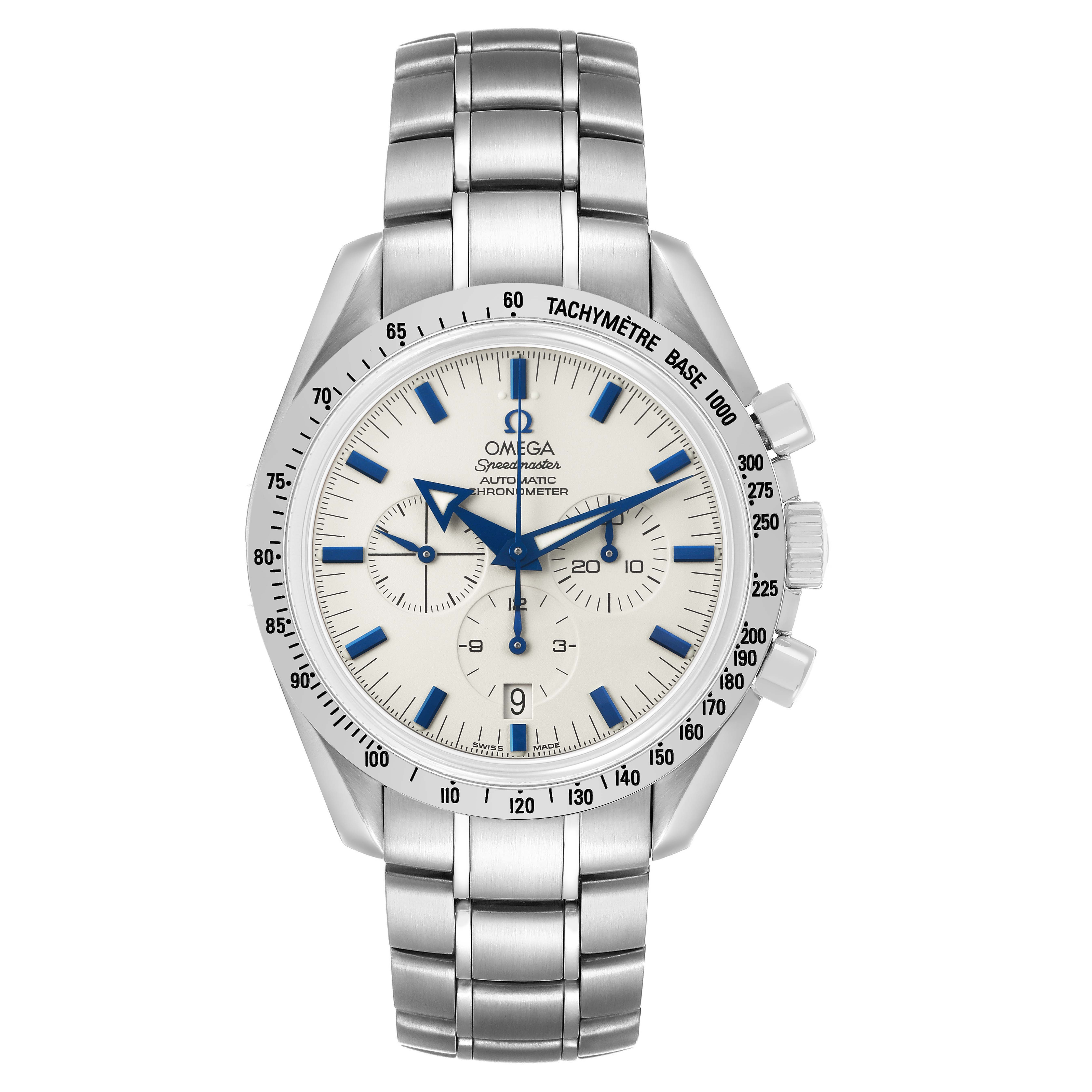 The Omega Speedmaster 3551.20.00 Men's Stainless Steel White Dial watch is shown from a front angle, displaying the dial, tachymeter, and stainless steel bracelet.