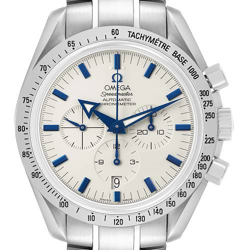 The Omega Speedmaster 3551.20.00 Men's Stainless Steel White Dial watch is shown from the front, highlighting the dial, subdials, tachymeter bezel, and pushers.