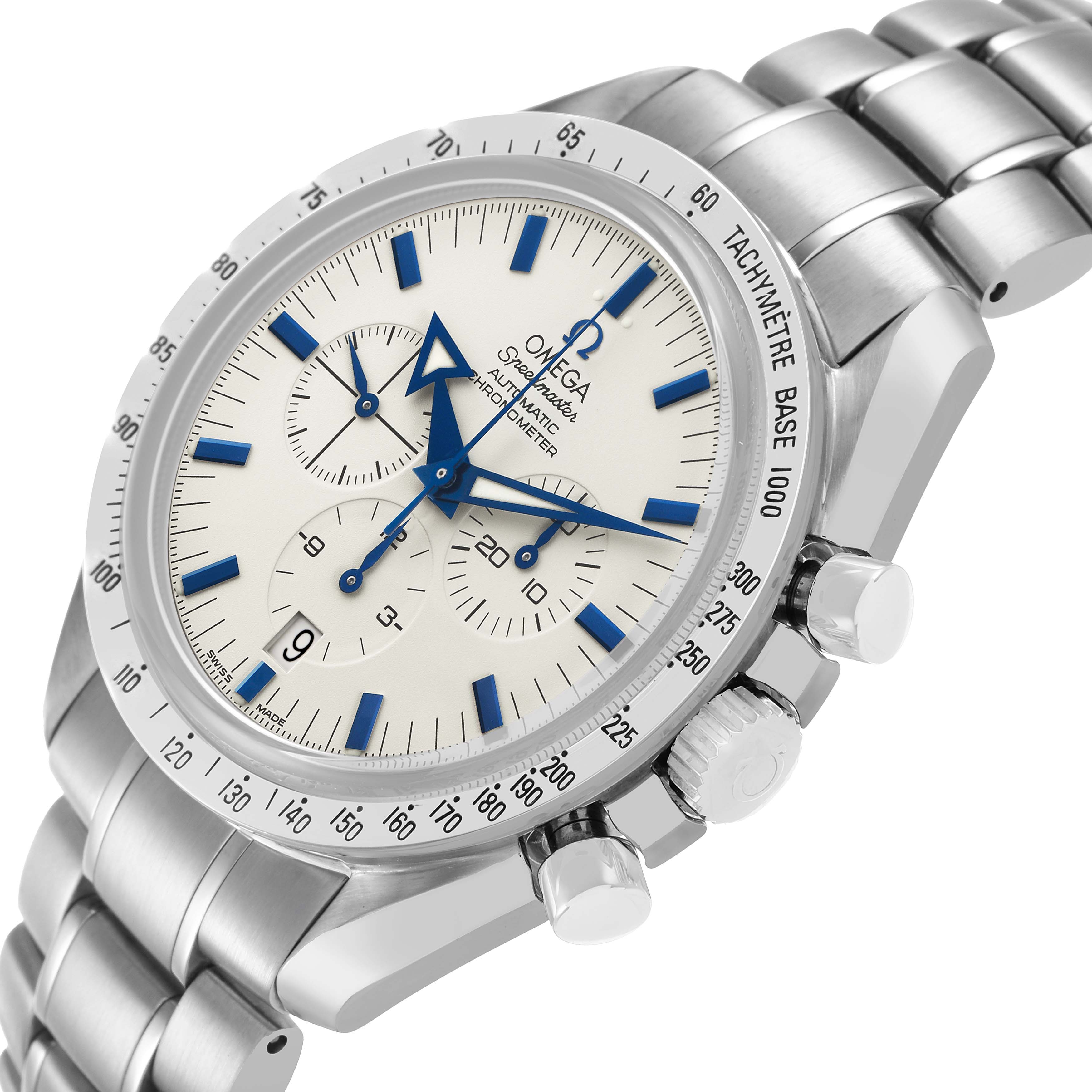 The Omega Speedmaster 3551.20.00 Men's Stainless Steel White Dial watch is shown at an angled side view, highlighting its face, bezel, and bracelet.