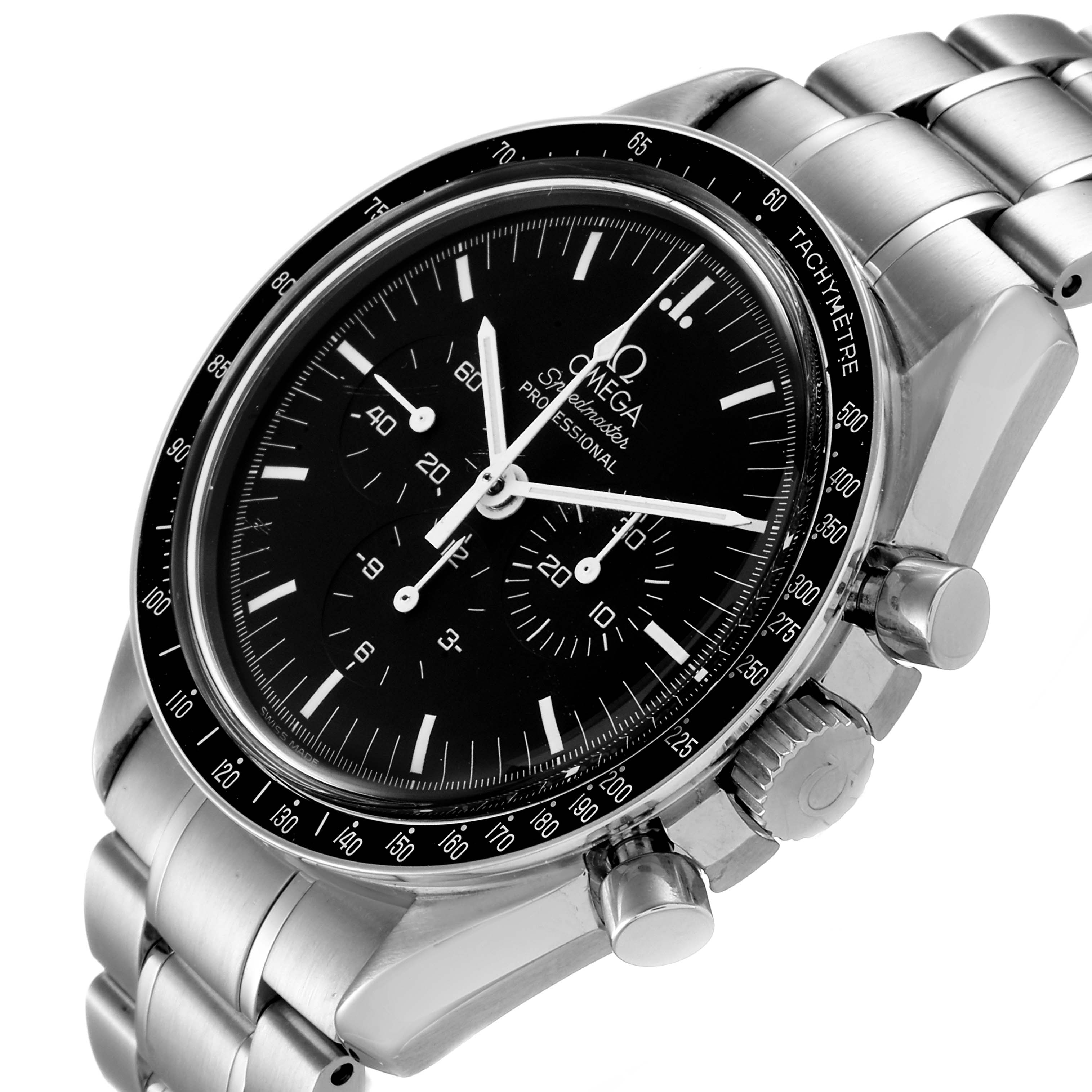 The Omega Speedmaster 3570.50.00 Men
s Stainless Steel Black Dial 3570.50.00 Men
s Stainless Steel Black Dial watch is shown at a three-quarter angle, highlighting the dial, bezel, and stainless steel bracelet.