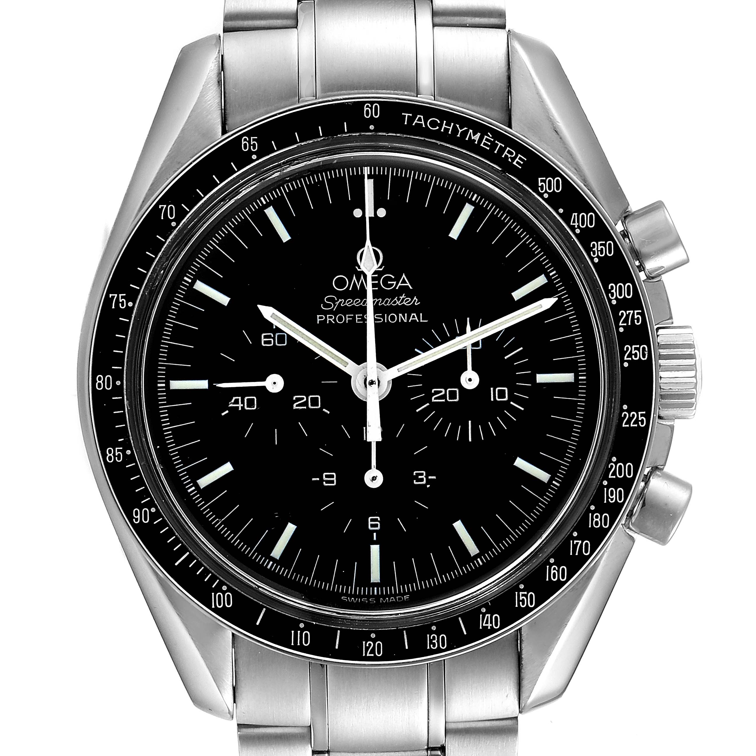 The Omega Speedmaster 3570.50.00 Men
s Stainless Steel Black Dial 3570.50.00 Men
s Stainless Steel Black Dial watch is shown from a front angle, displaying its dial, tachymeter bezel, and stainless steel bracelet.