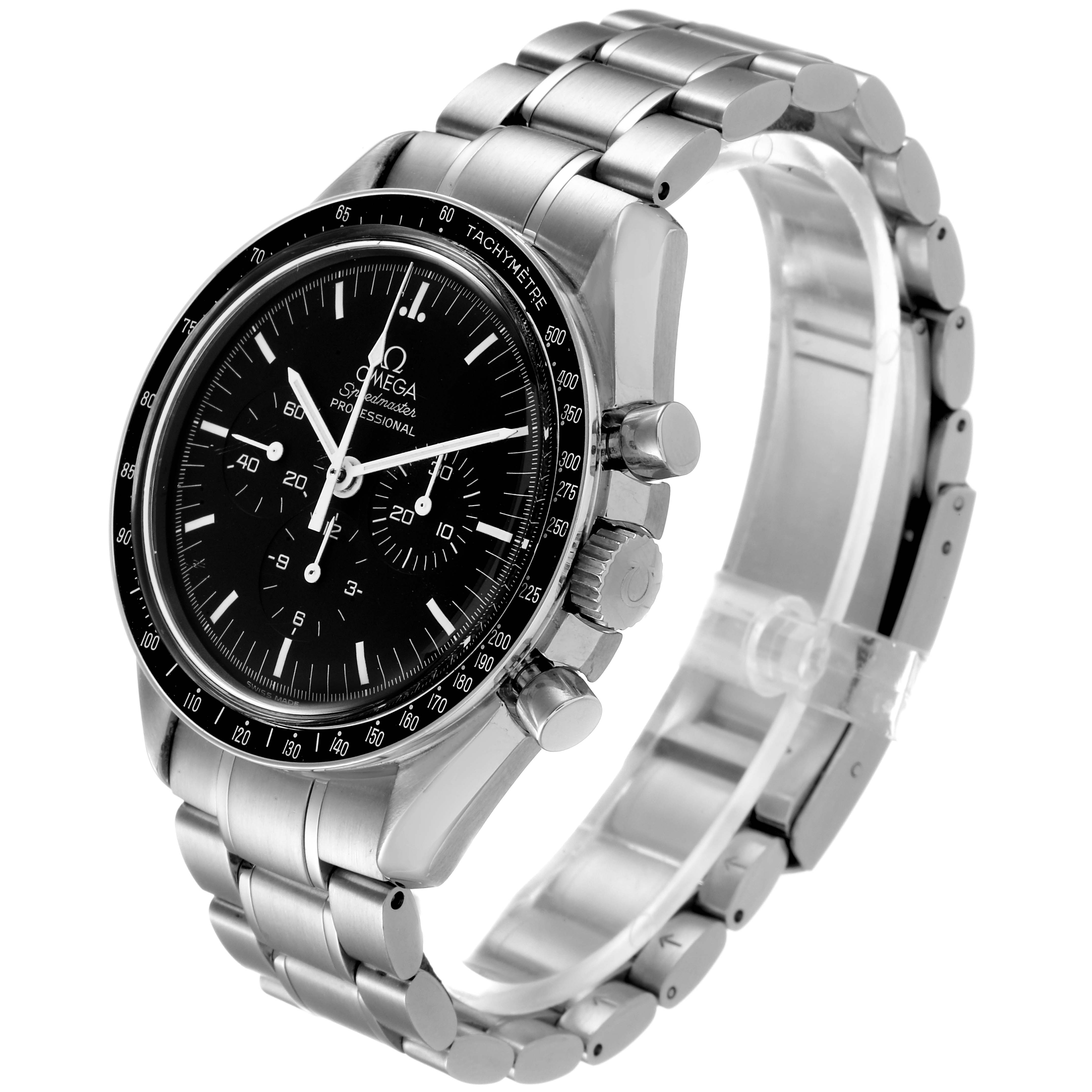 The image shows an Omega Speedmaster 3570.50.00 Men
s Stainless Steel Black Dial 3570.50.00 Men
s Stainless Steel Black Dial watch angled from the front-right, highlighting its dial, bezel, crown, pushers, and stainless steel bracelet.