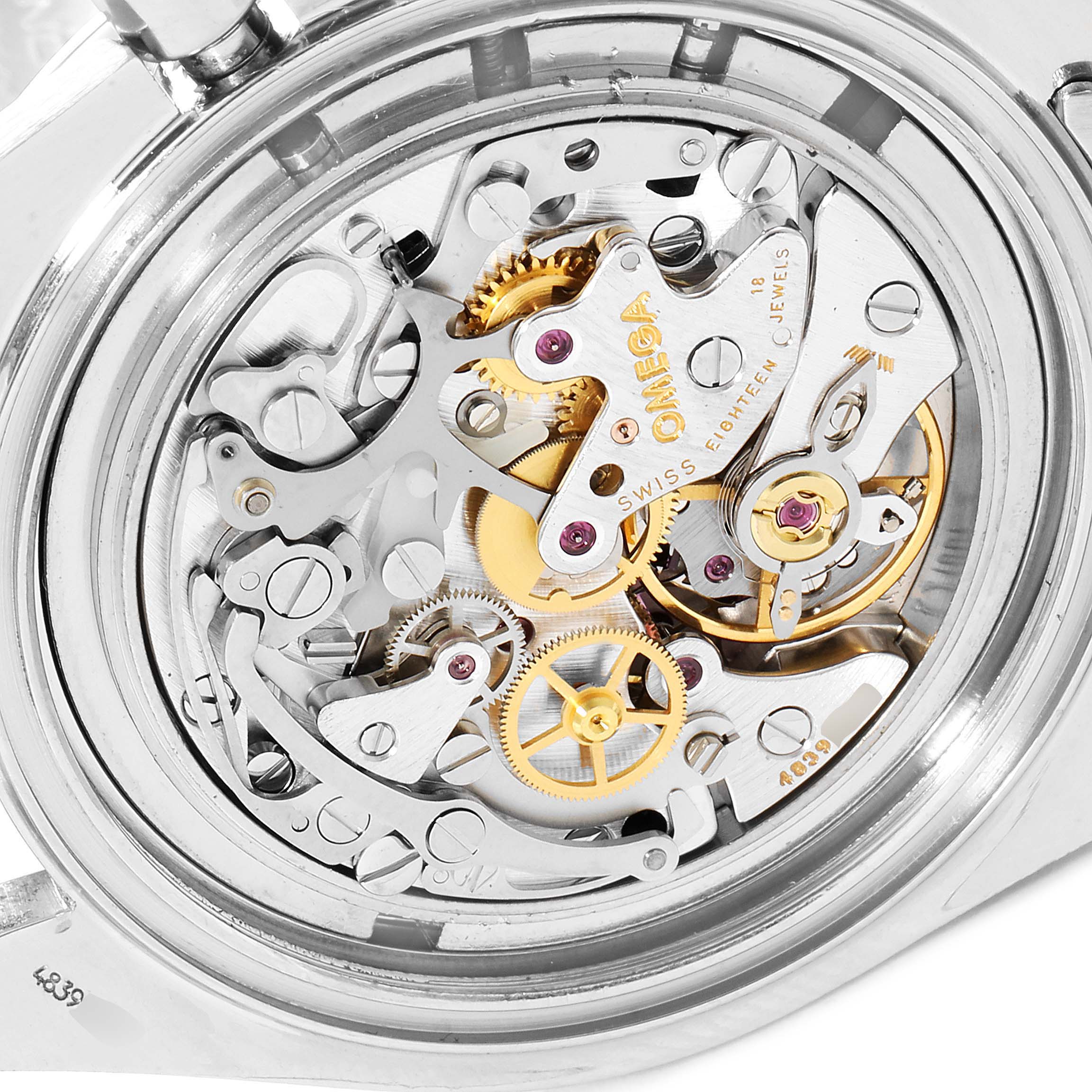 This image shows the intricate movement mechanism of an Omega Speedmaster 3570.50.00 Men
s Stainless Steel Black Dial 3570.50.00 Men
s Stainless Steel Black Dial watch from a rear angle.