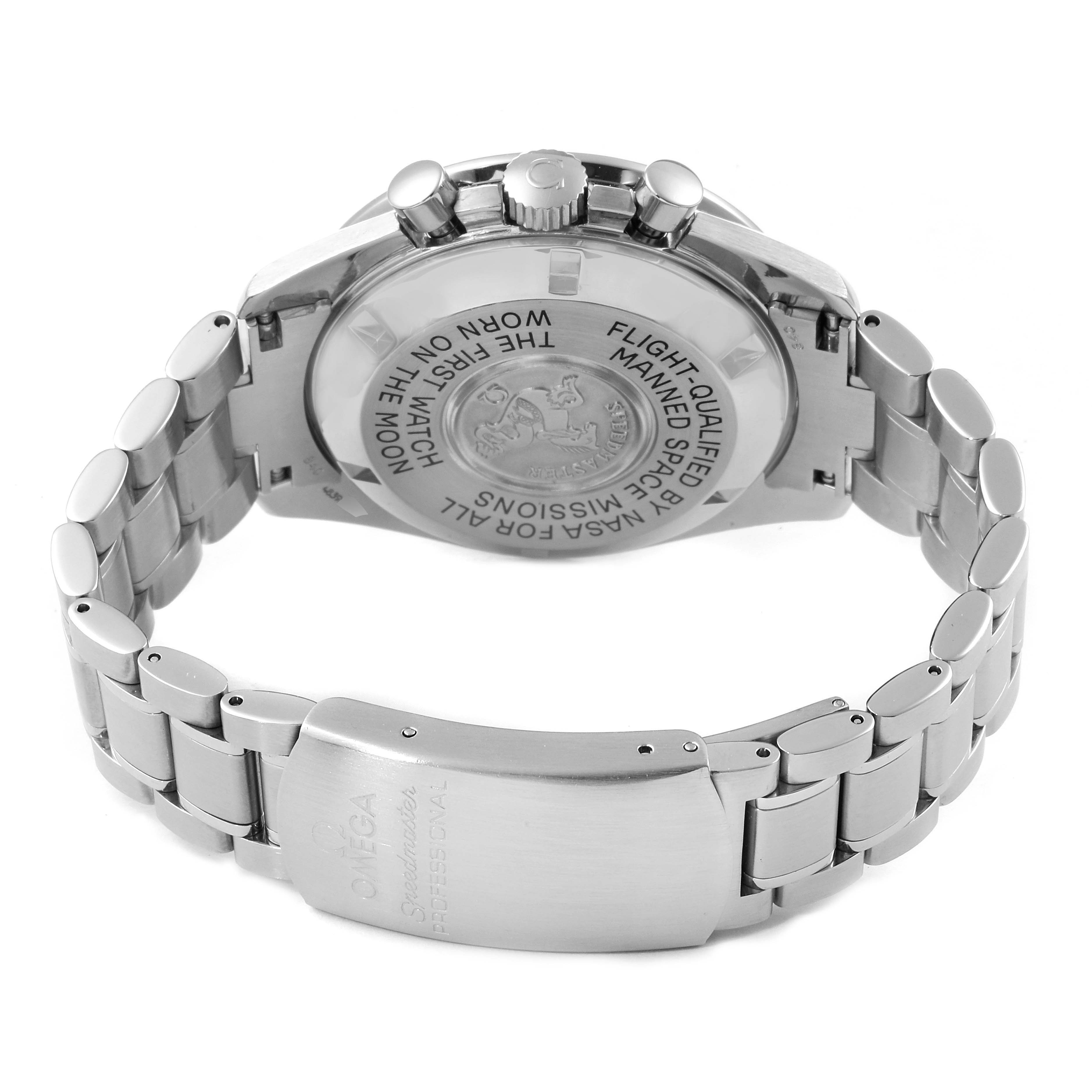 The image shows the back case and bracelet clasp of an Omega Speedmaster 3570.50.00 Men
s Stainless Steel Black Dial 3570.50.00 Men
s Stainless Steel Black Dial watch at a rear angle.