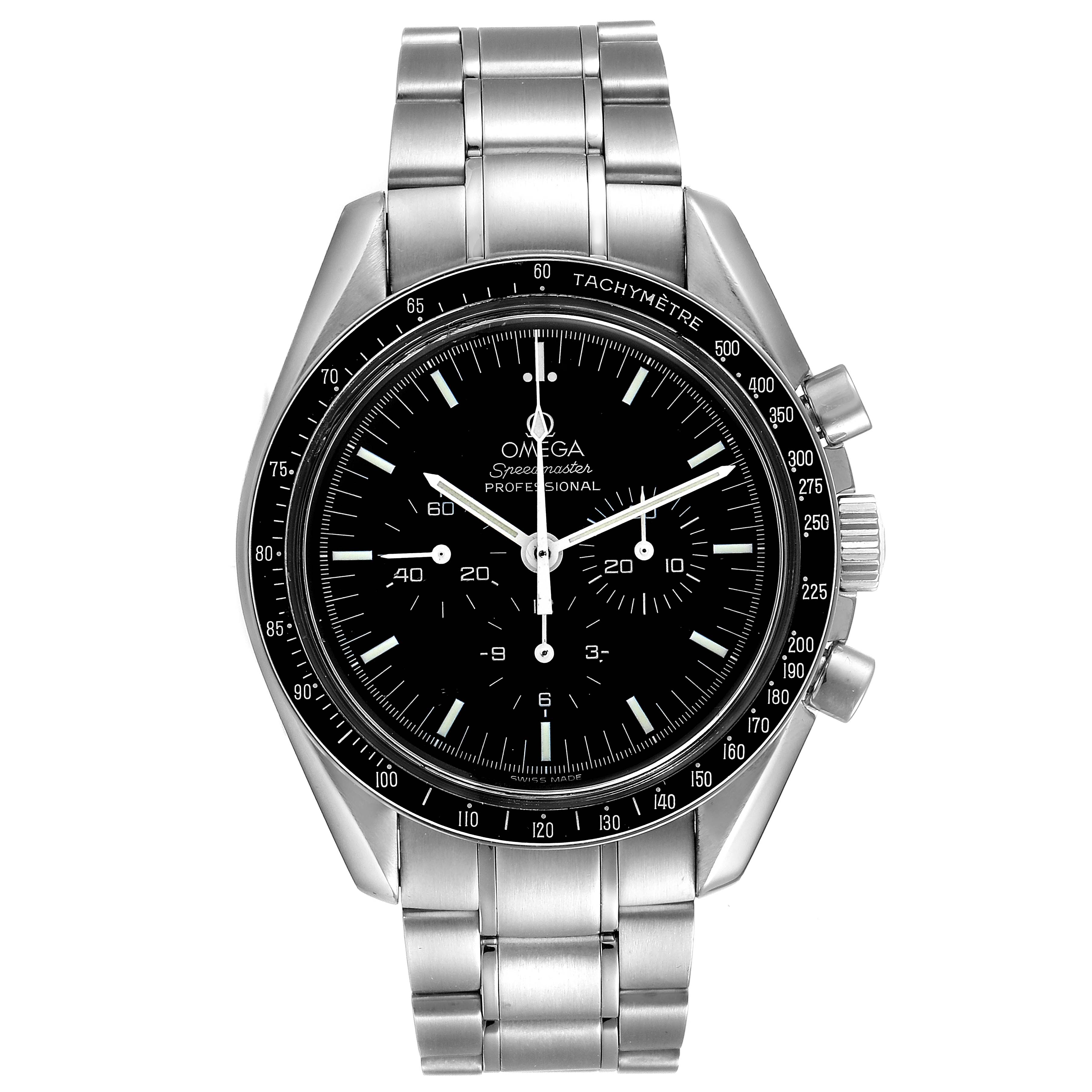 The Omega Speedmaster 3570.50.00 Men
s Stainless Steel Black Dial 3570.50.00 Men
s Stainless Steel Black Dial watch is shown from the front, displaying its dial, tachymeter bezel, and stainless steel bracelet.