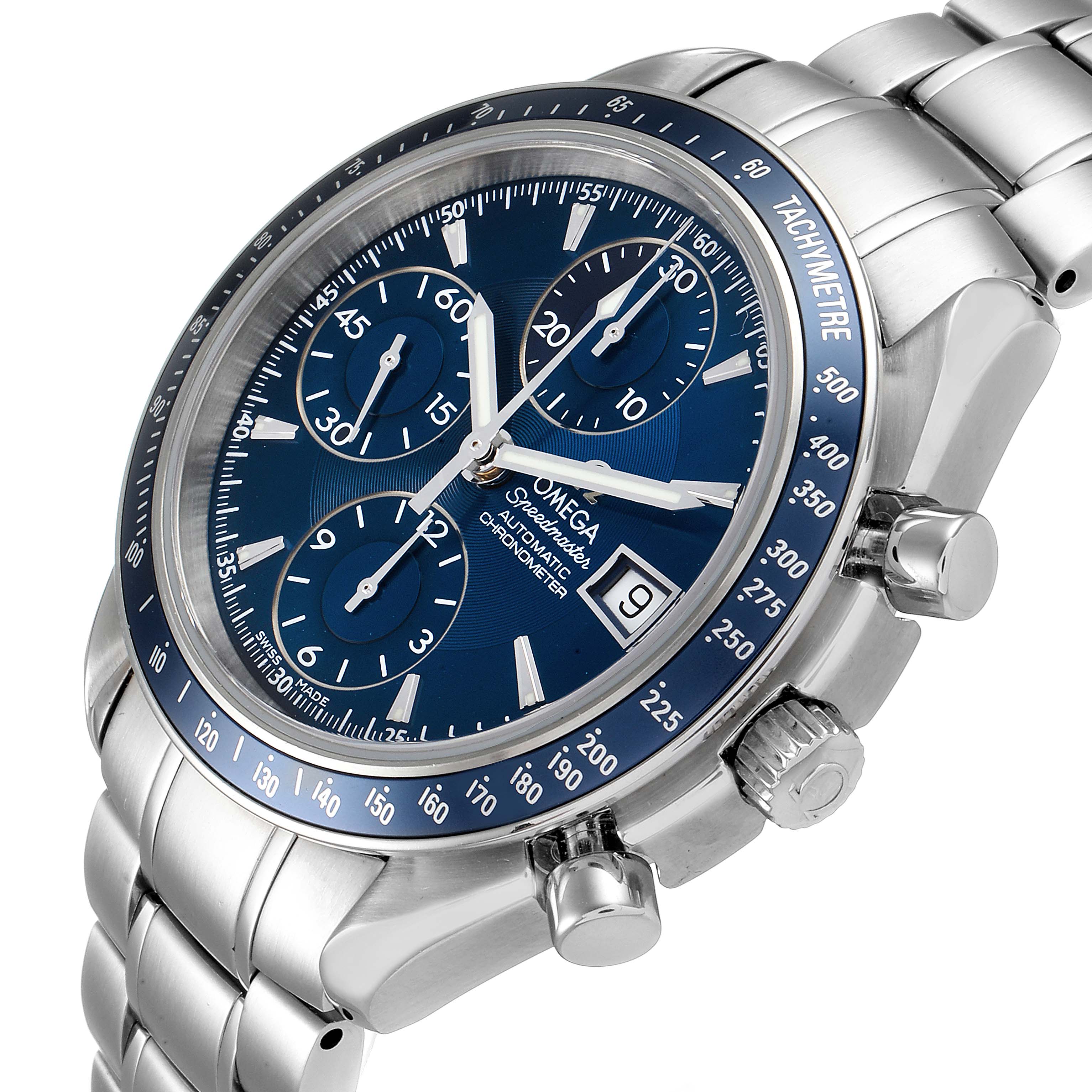 The Omega Speedmaster 3212.80.00 Men
s Stainless Steel Blue Dial 3212.80.00 Men
s Stainless Steel Blue Dial watch is shown at an angled view, featuring the face, bezel, crown, and stainless steel bracelet.