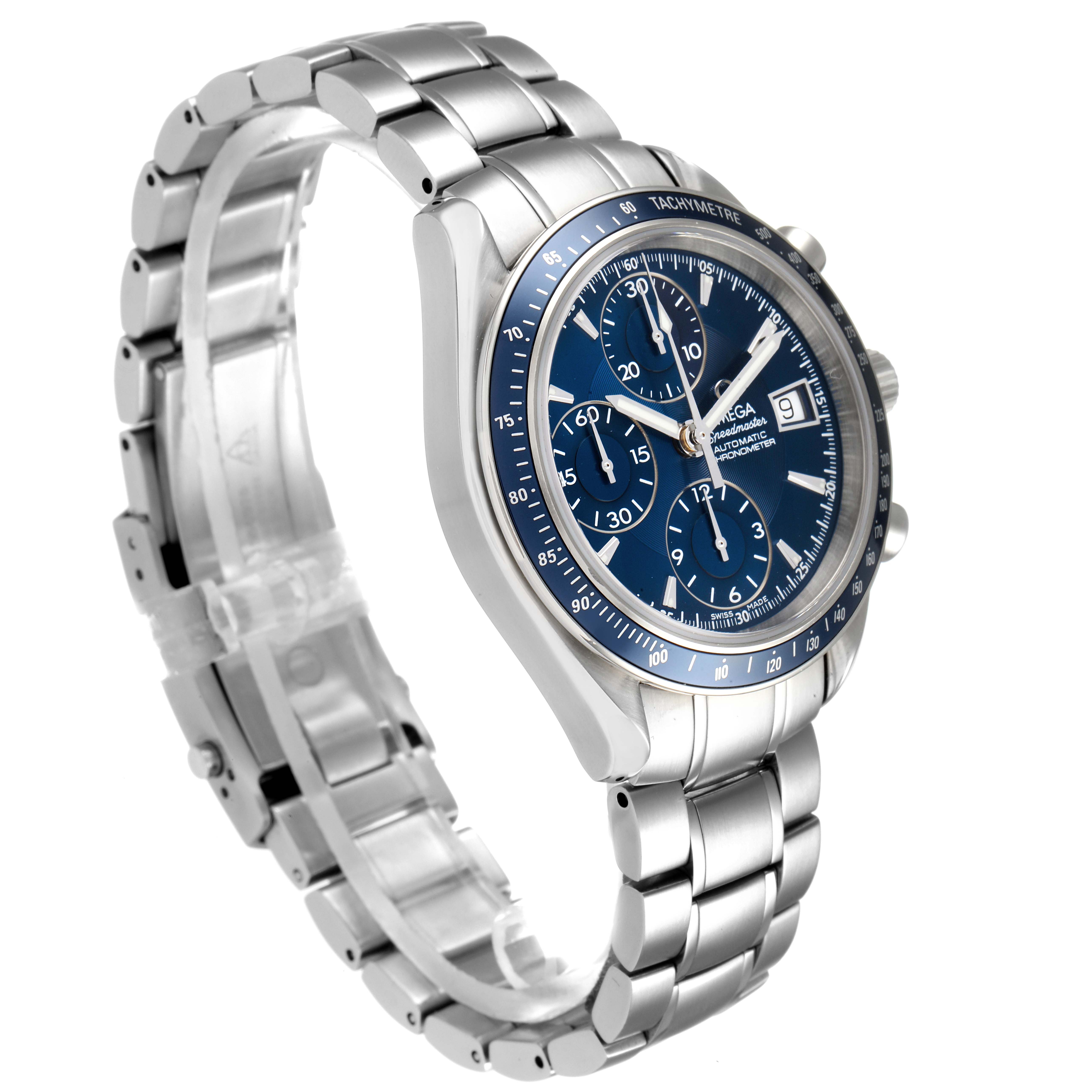 The Omega Speedmaster 3212.80.00 Men
s Stainless Steel Blue Dial 3212.80.00 Men
s Stainless Steel Blue Dial watch is shown at a three-quarter angle, highlighting the face, tachymeter bezel, and stainless steel bracelet.