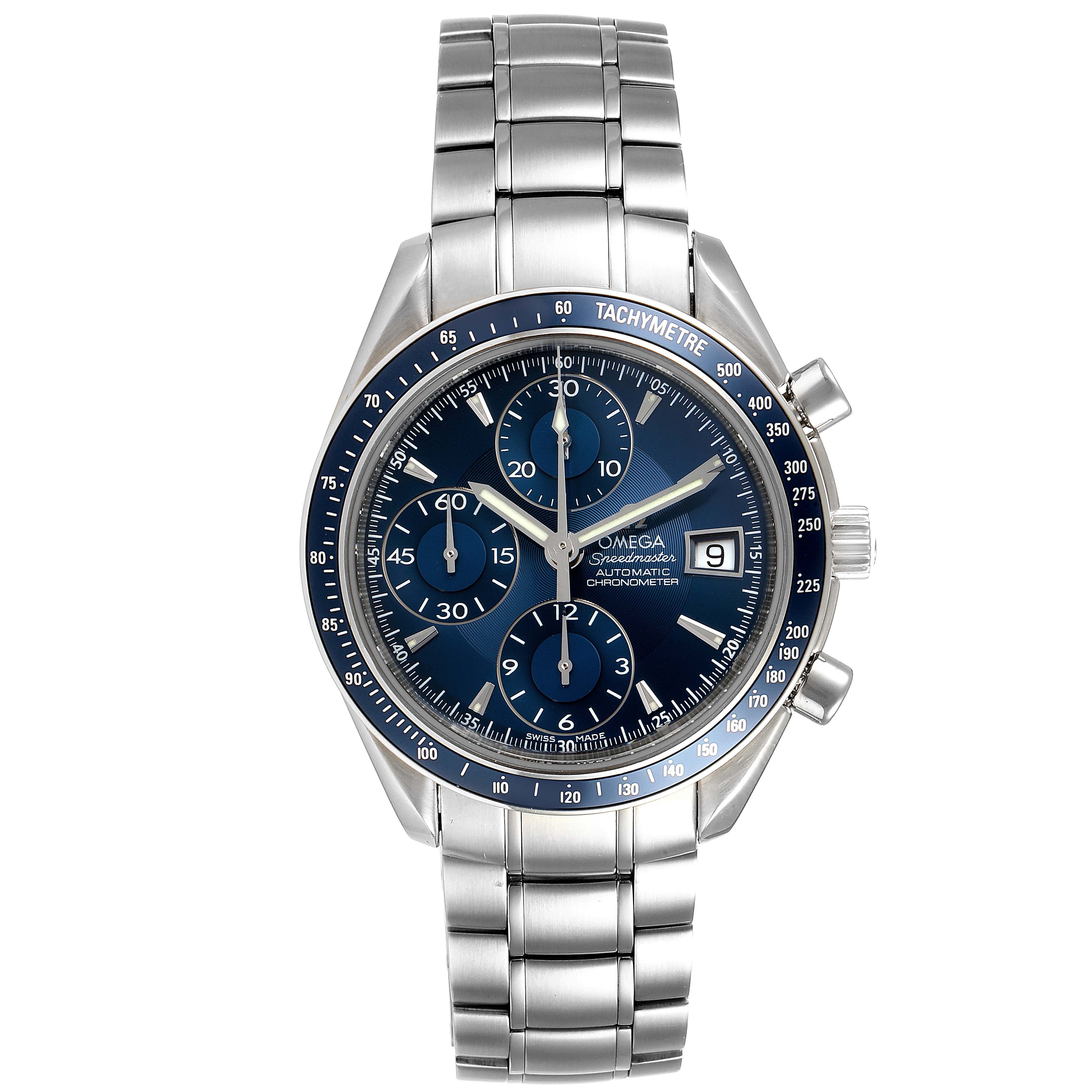 This image shows a frontal view of an Omega Speedmaster 3212.80.00 Men
s Stainless Steel Blue Dial 3212.80.00 Men
s Stainless Steel Blue Dial watch, highlighting its dial, subdials, tachymeter bezel, and metal bracelet.