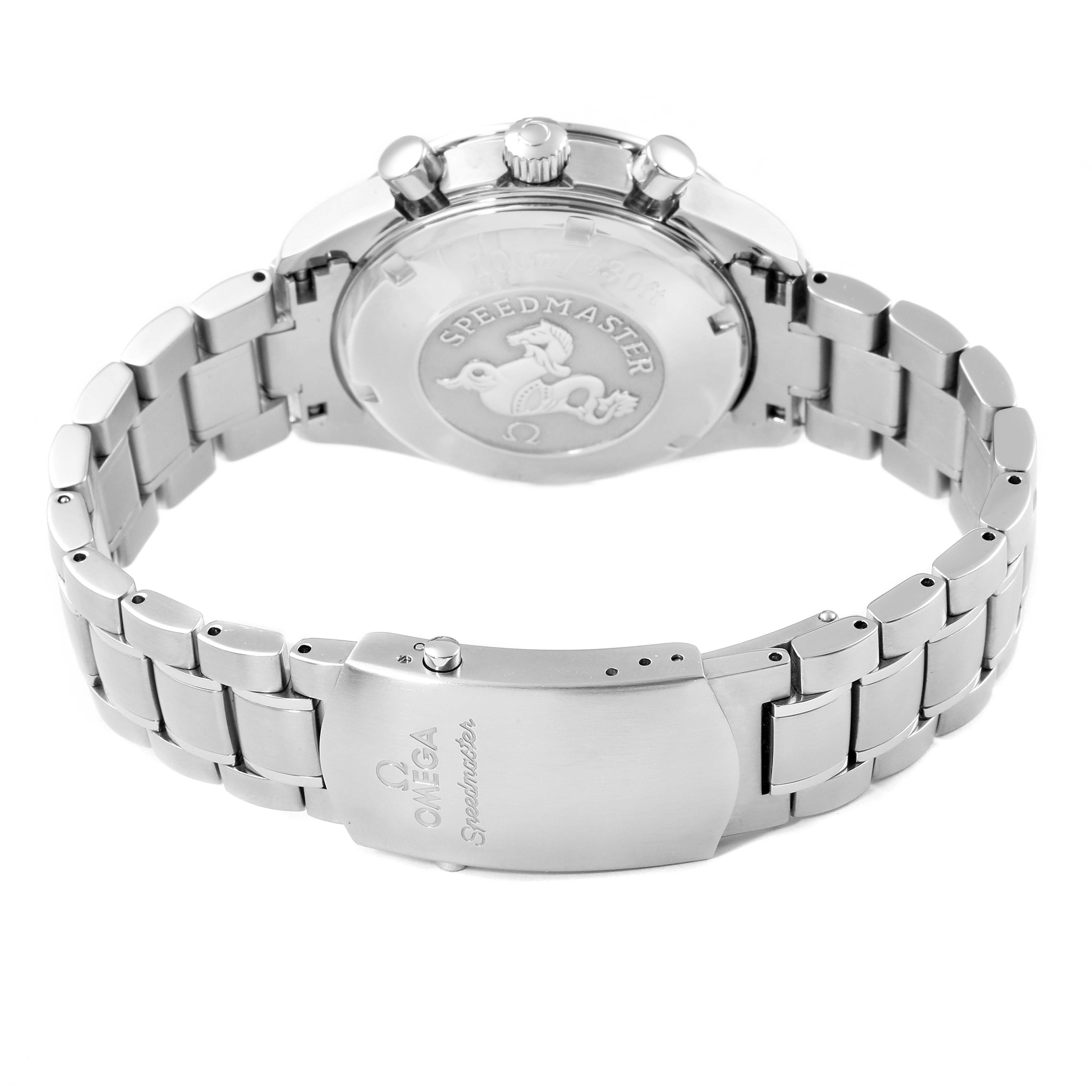 The image shows the back side and clasp of an Omega Speedmaster 3212.80.00 Men
s Stainless Steel Blue Dial 3212.80.00 Men
s Stainless Steel Blue Dial watch, highlighting its bracelet and case back.