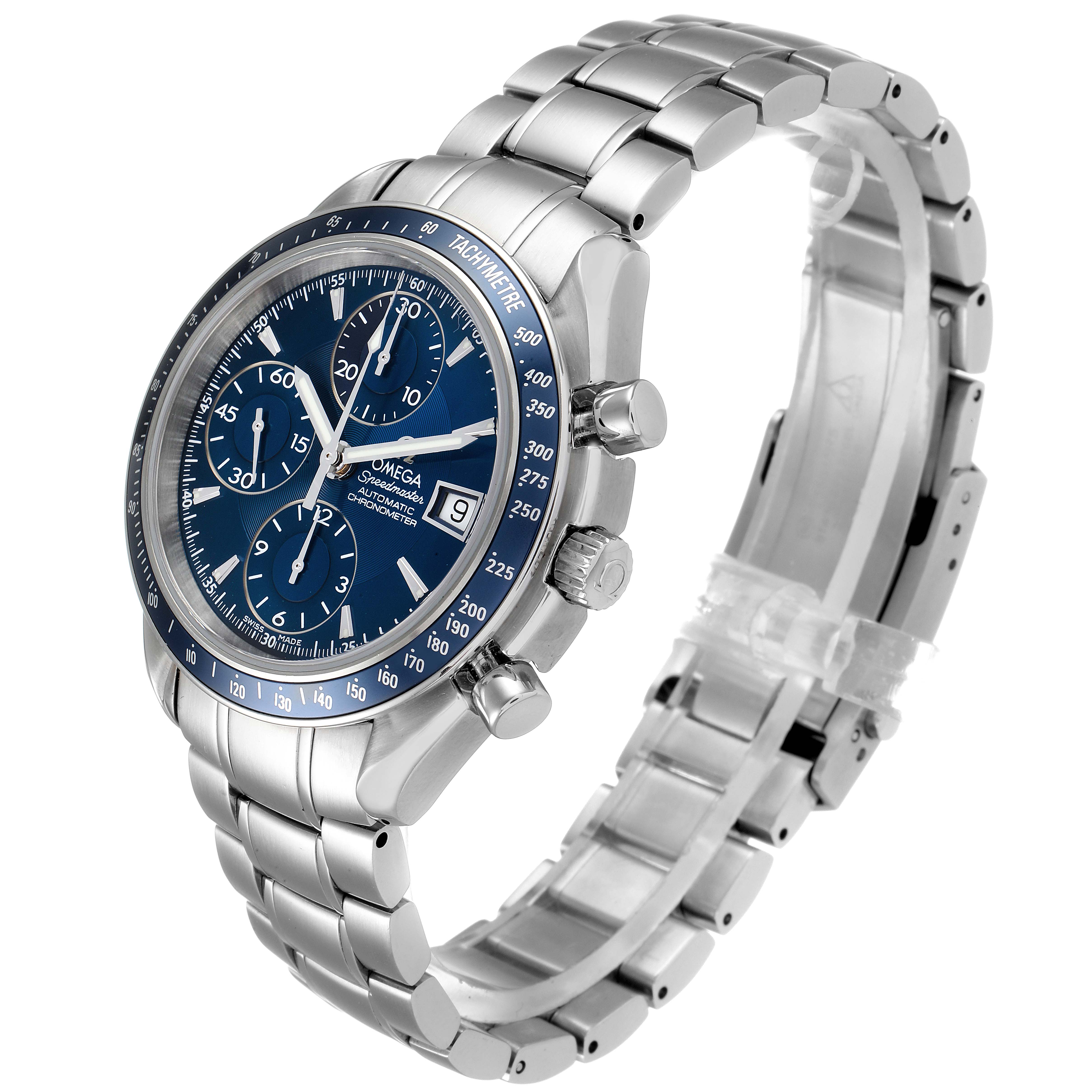 The image shows an Omega Speedmaster 3212.80.00 Men
s Stainless Steel Blue Dial 3212.80.00 Men
s Stainless Steel Blue Dial watch at an angled side view, highlighting its dial, bezel, crown, pushers, and bracelet.