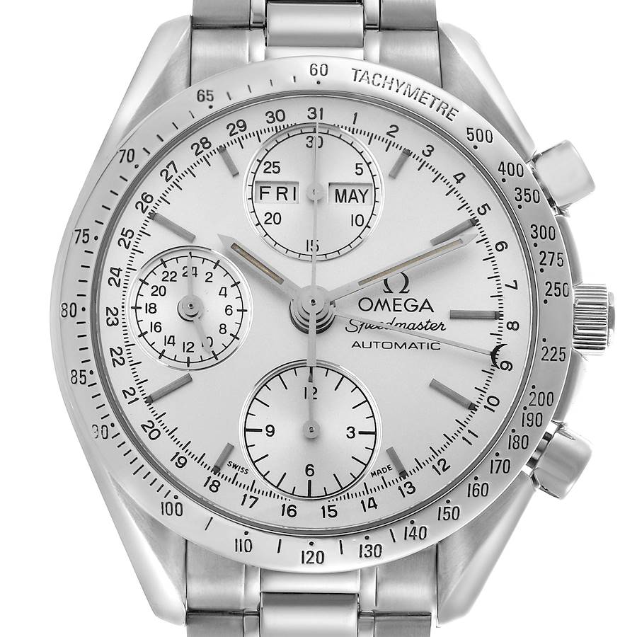 The Omega Speedmaster watch is shown from a front angle, displaying the dial, subdials, tachymeter bezel, and bracelet.
