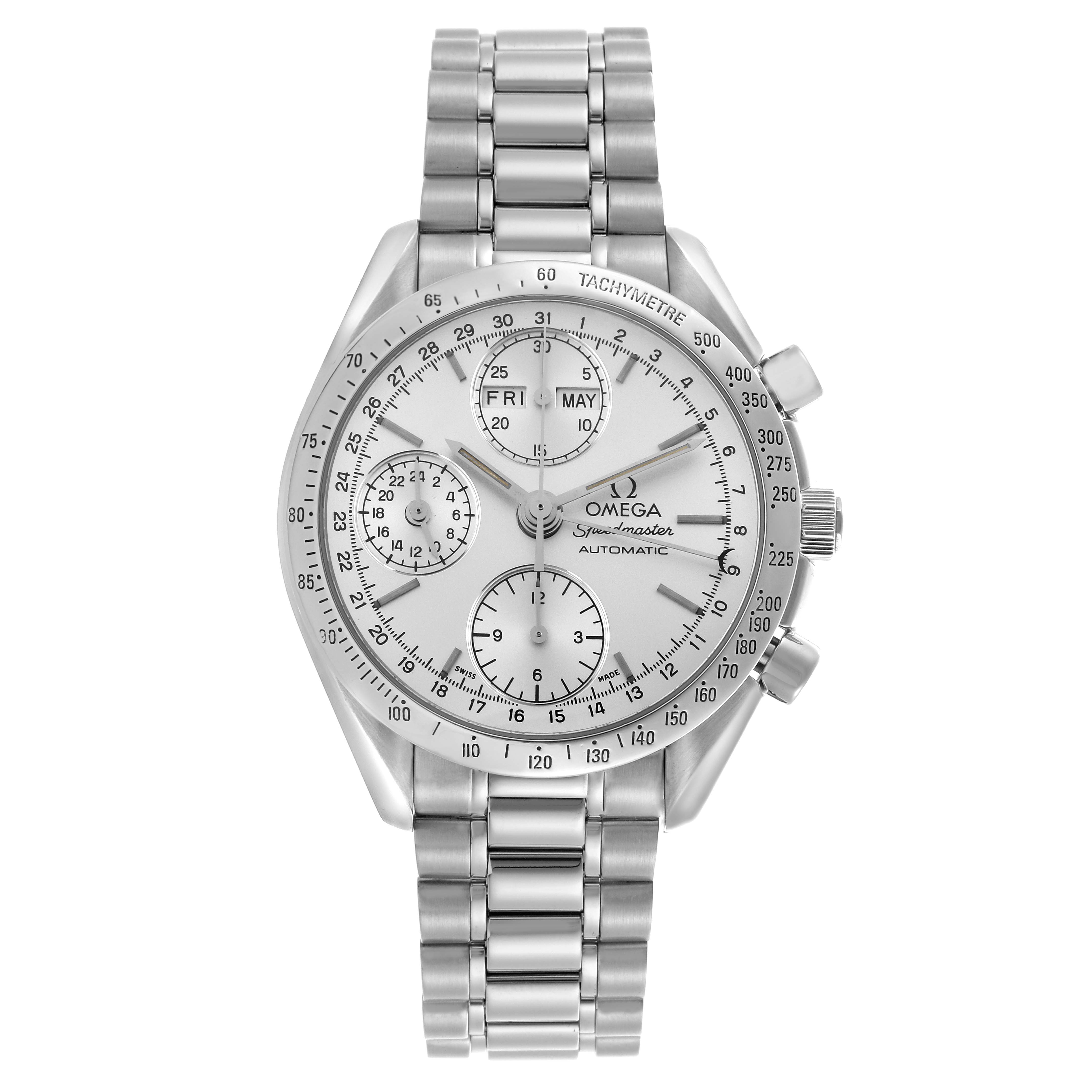 The Omega Speedmaster 3521.30.00 Men
s Stainless Steel Silver Dial 3521.30.00 Men
s Stainless Steel Silver Dial watch is shown from a top-down angle, displaying its face, chronograph subdials, and metal bracelet.